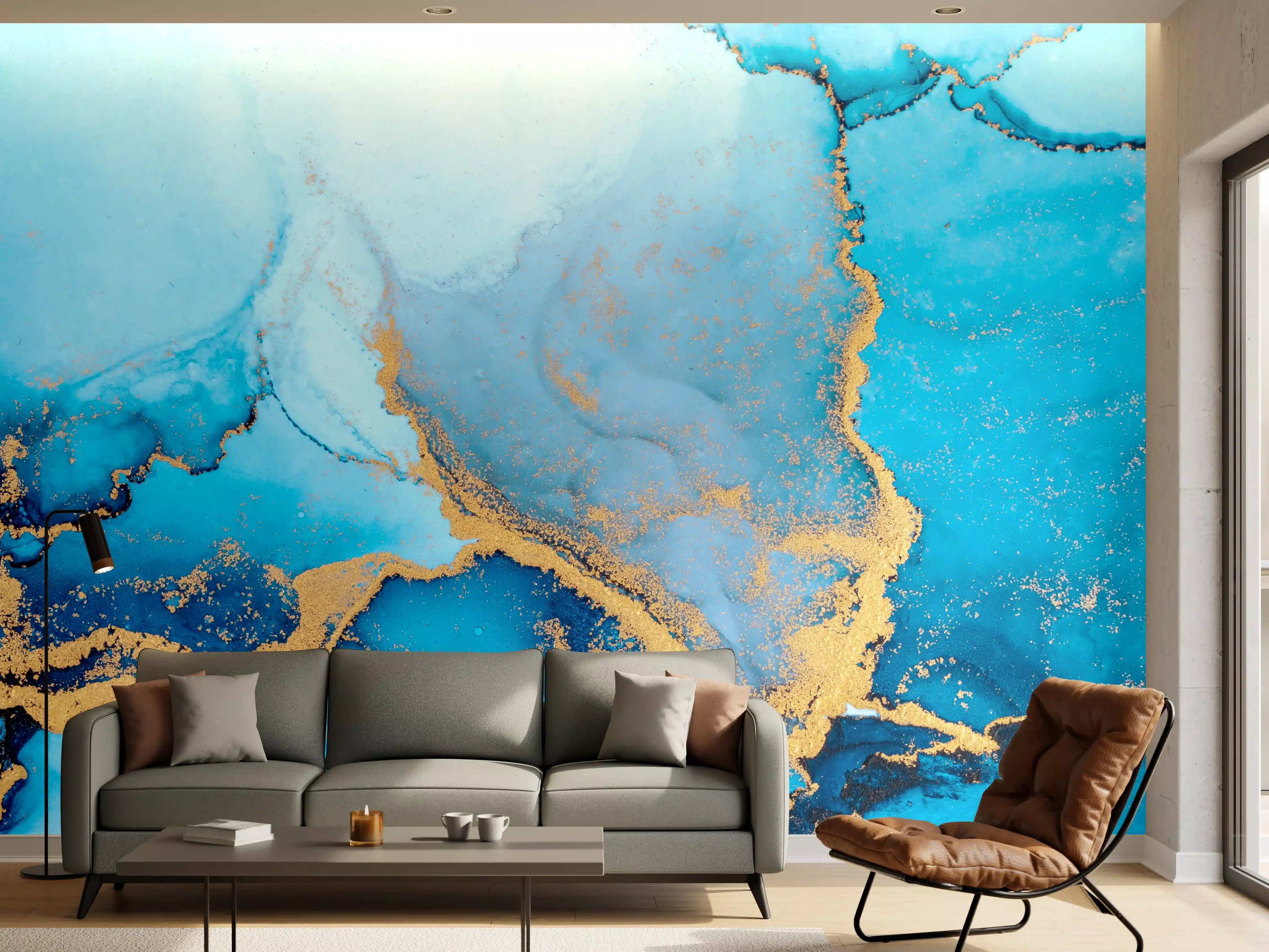 Wandverkleidung Wohnzimmer - Blau-goldenes Wasserfarbenkunstwerk