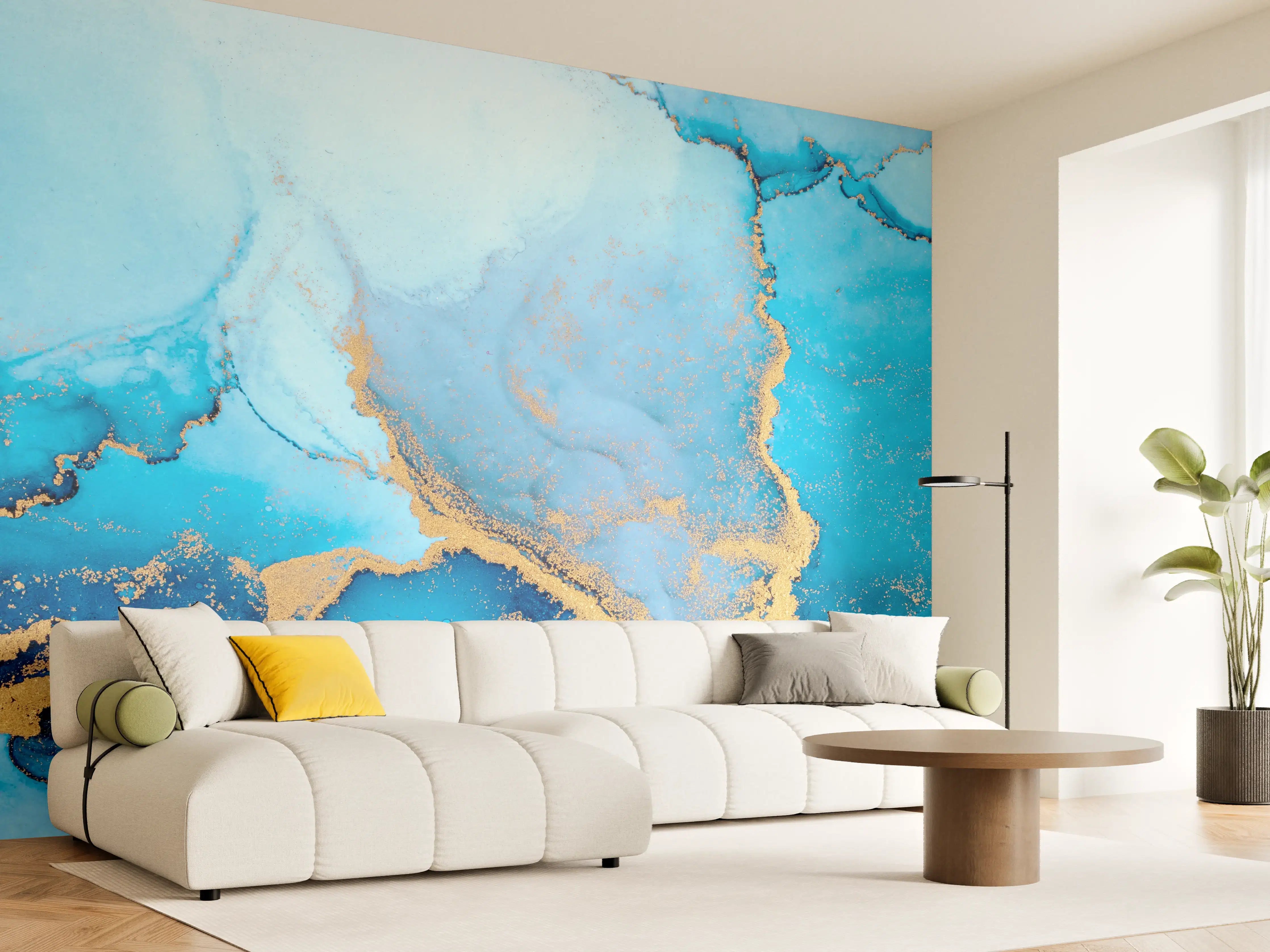 Wandverkleidung Wohnzimmer - Blau-goldenes Wasserfarbenkunstwerk