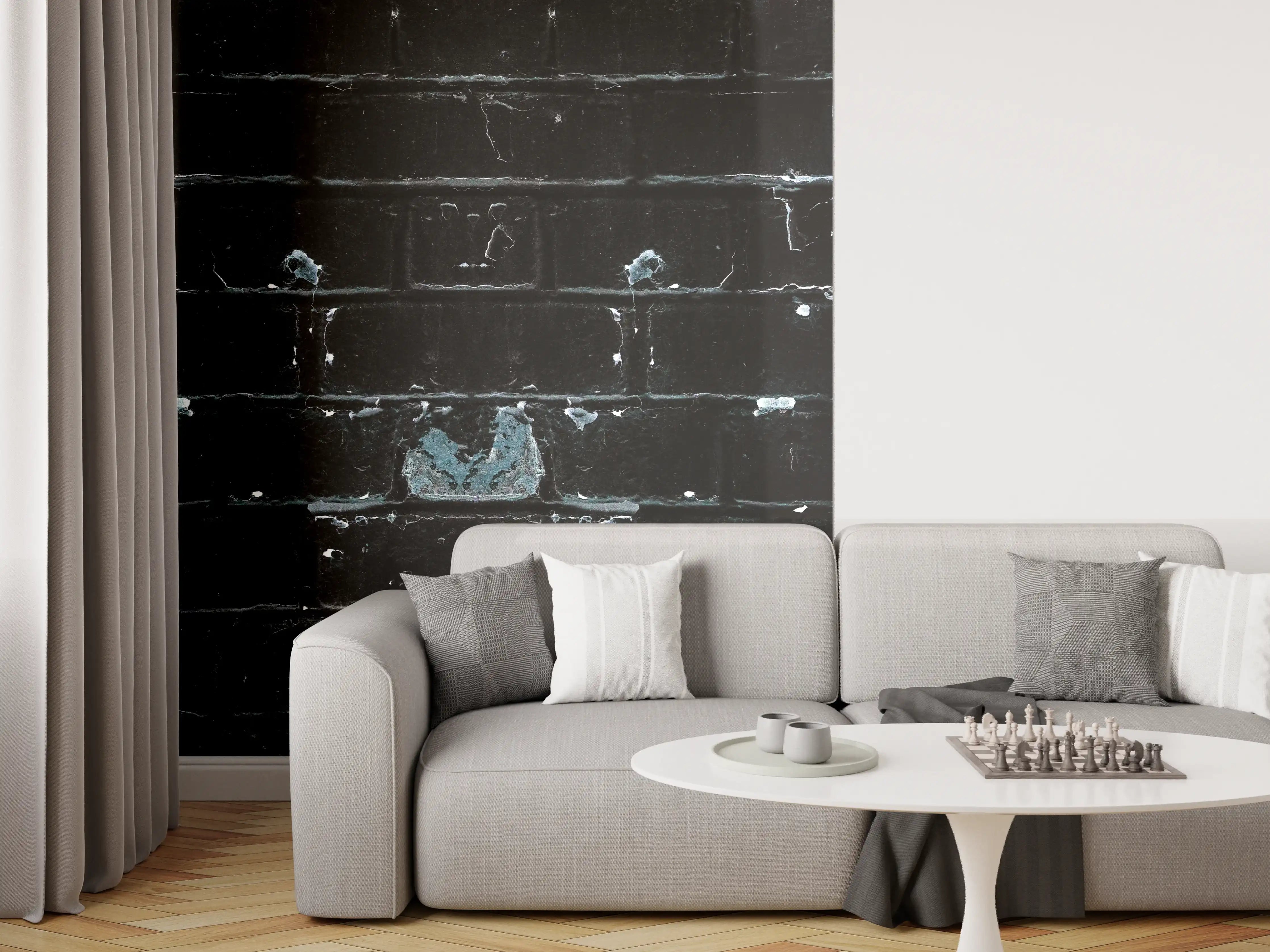 Wandverkleidung Wohnzimmer - Blau schwarz beschädigte Ziegelwand