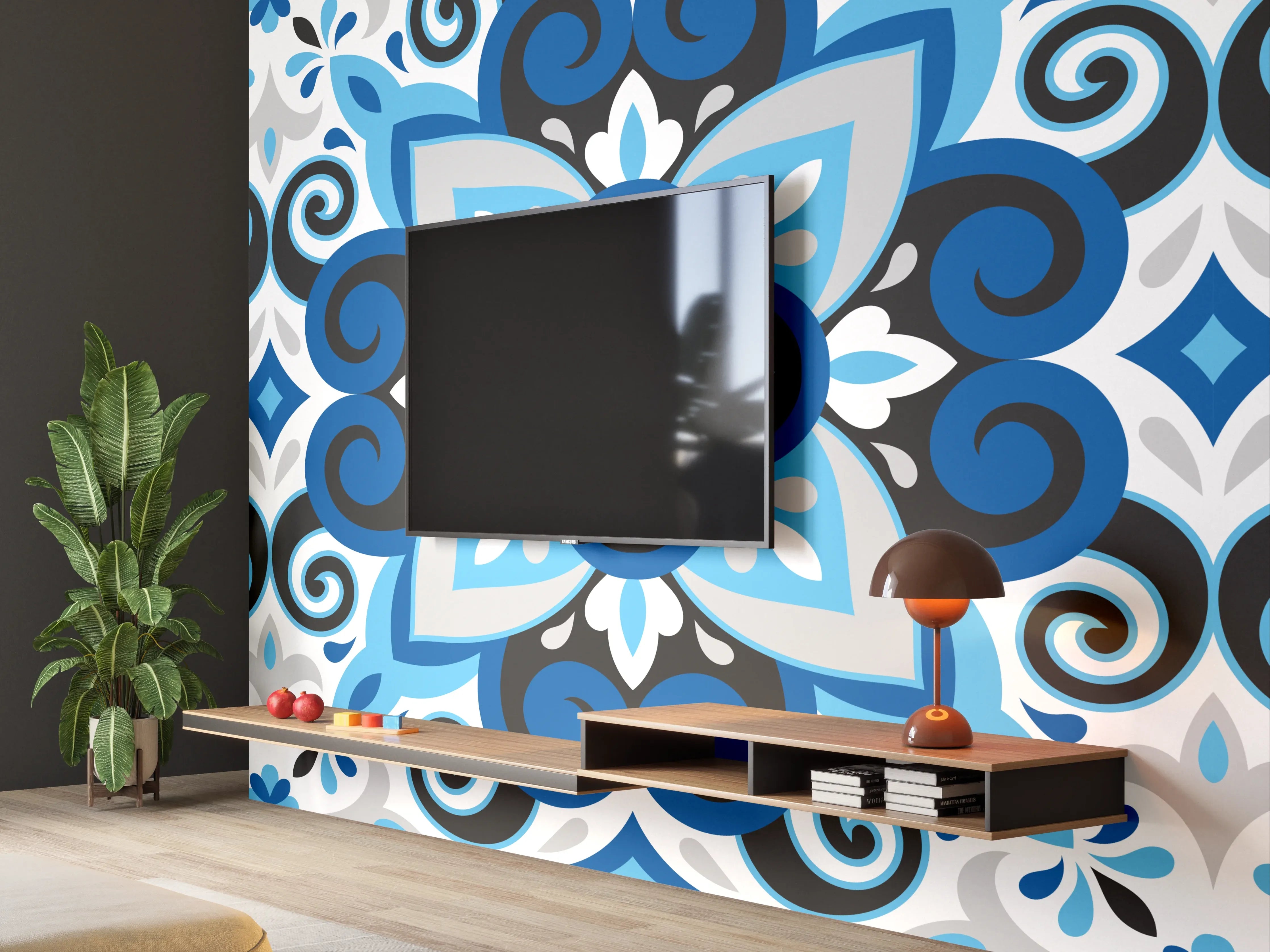 Wandverkleidung Wohnzimmer - Blau-weißes Musterdesign mit subtilen Grautönen