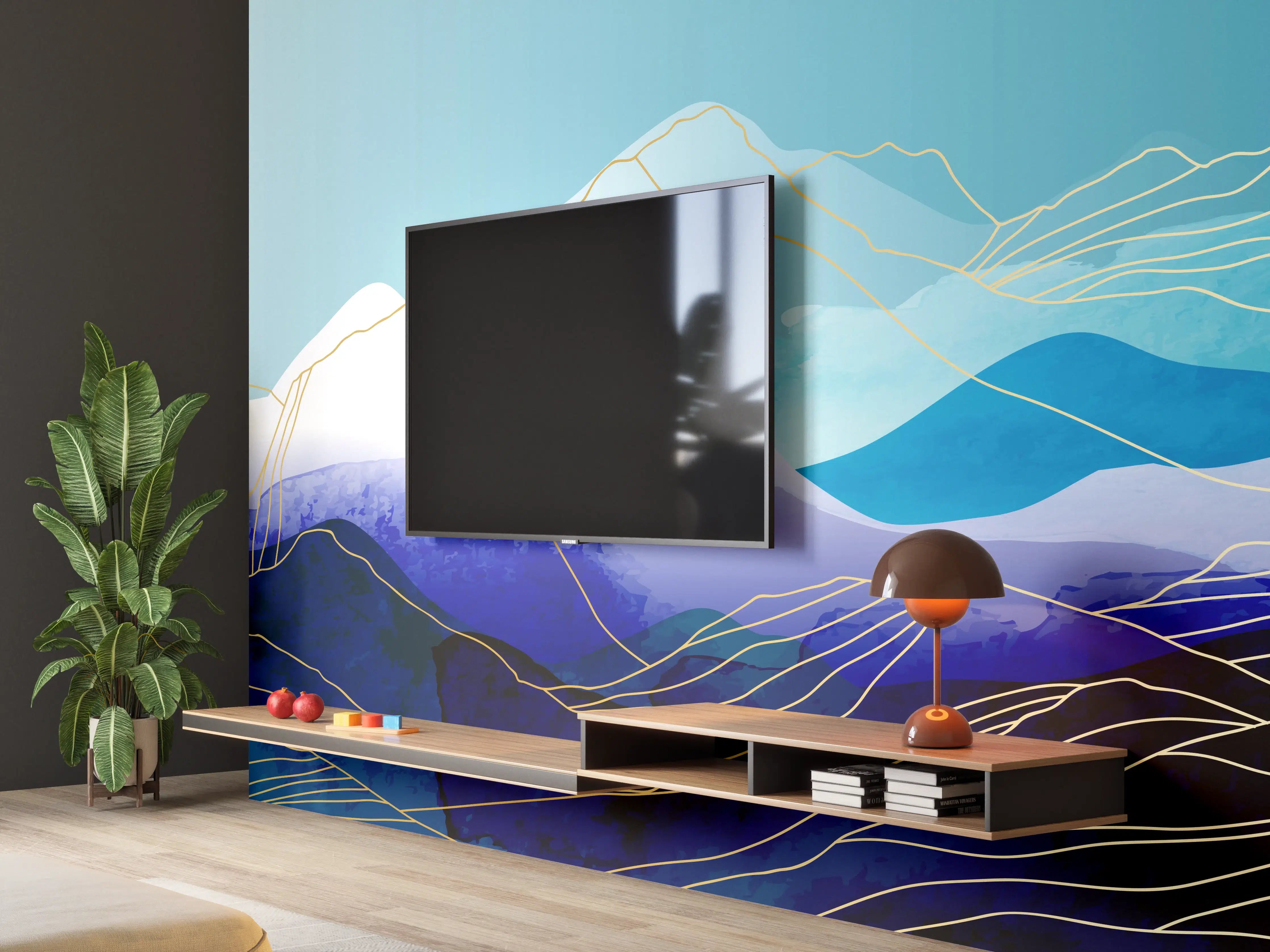 Wandverkleidung Wohnzimmer - Blaue Berge Aquarell Illustration