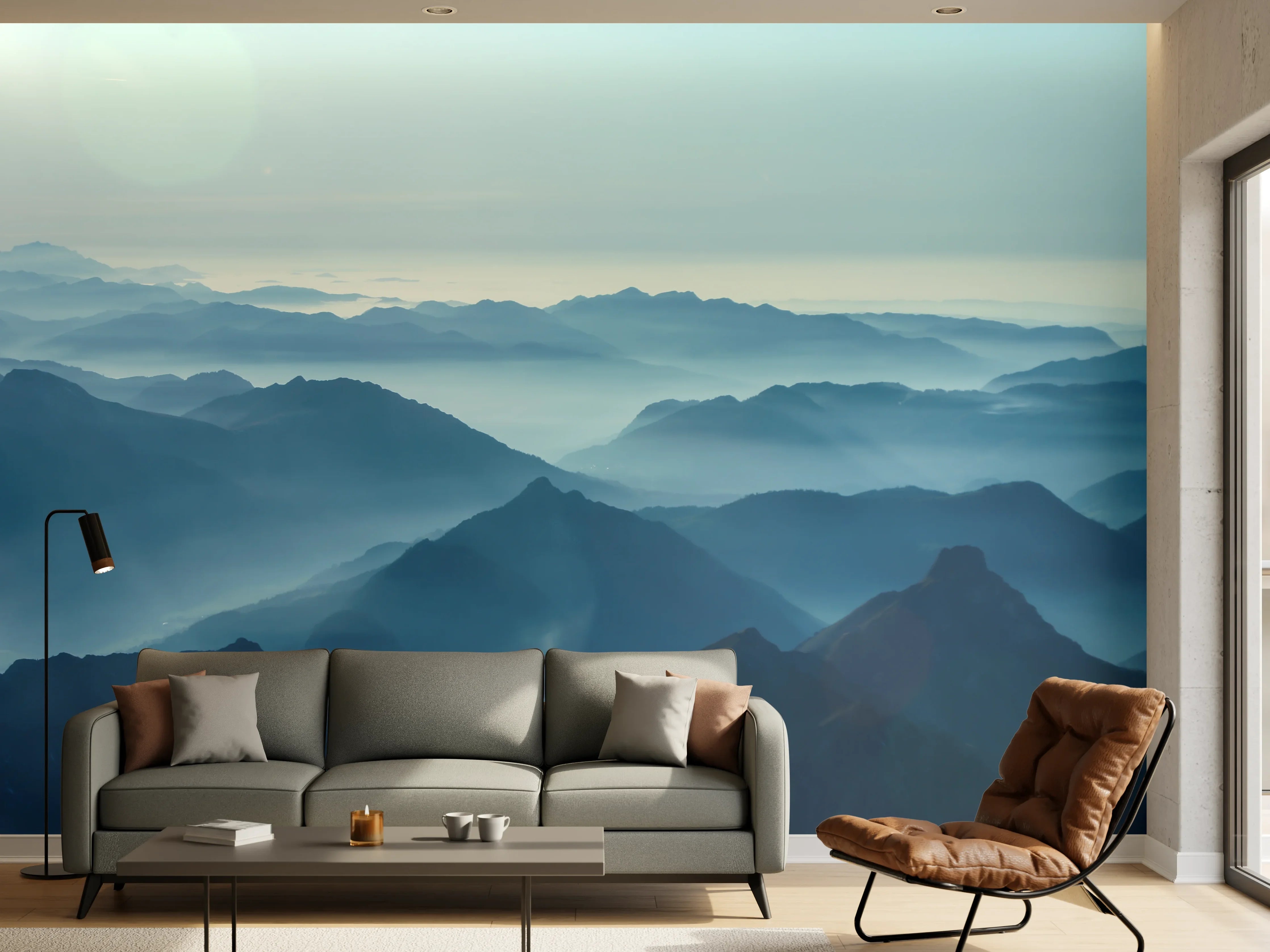 Wandverkleidung Wohnzimmer - Blaue Berglandschaft bei Sonnenaufgang