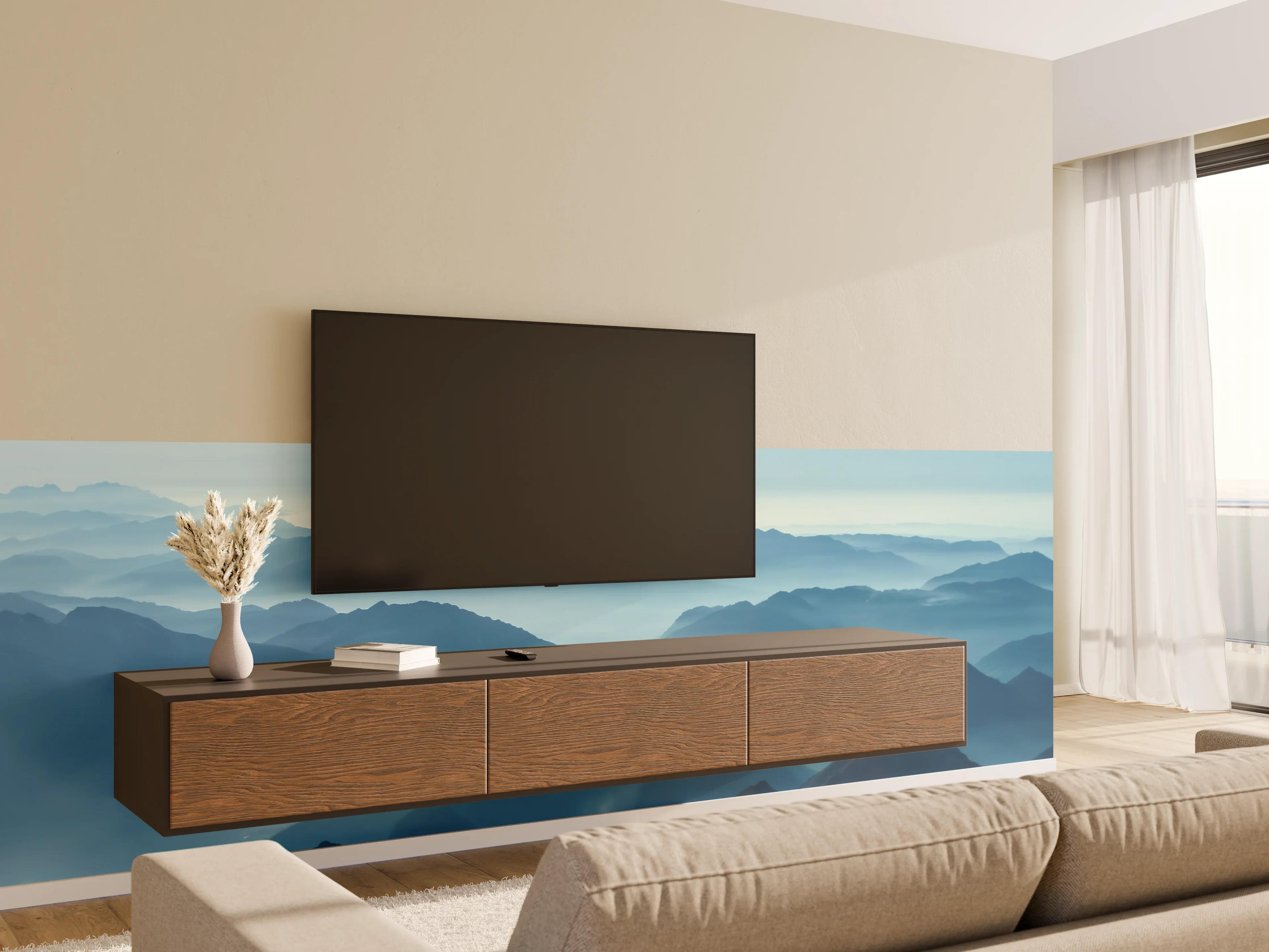 Wandverkleidung Wohnzimmer - Blaue Berglandschaft bei Sonnenaufgang