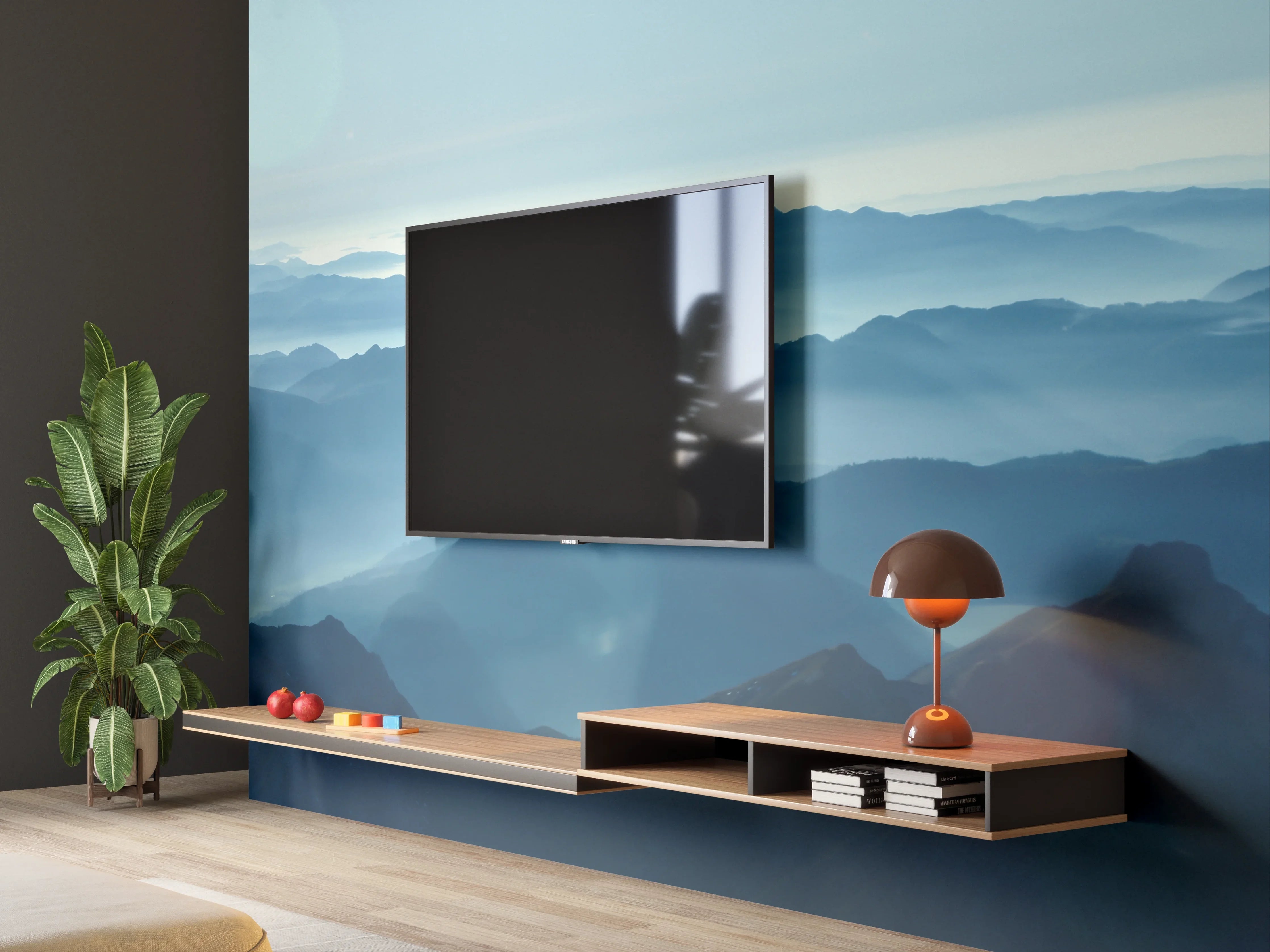 Wandverkleidung Wohnzimmer - Blaue Berglandschaft bei Sonnenaufgang