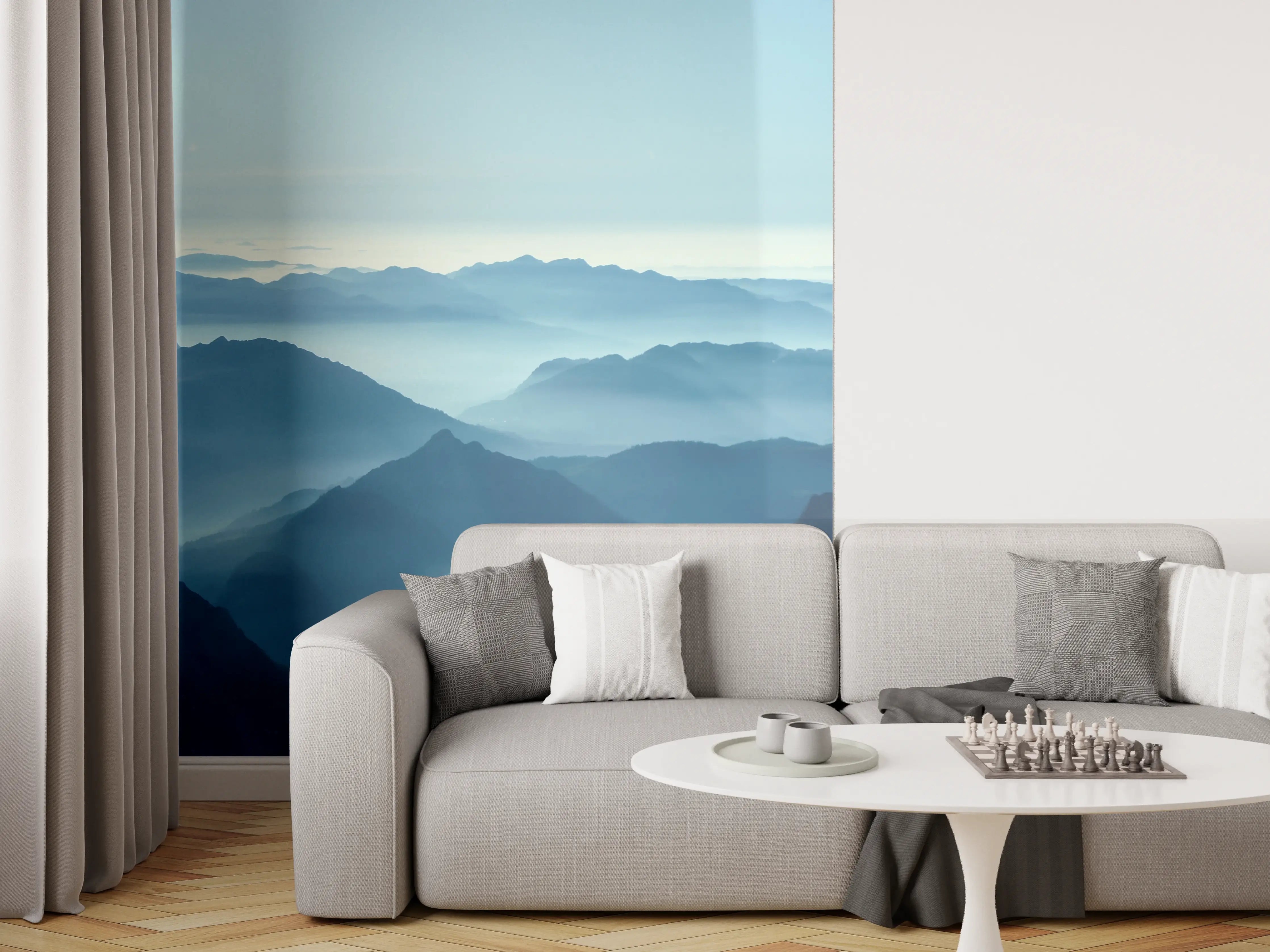 Wandverkleidung Wohnzimmer - Blaue Berglandschaft bei Sonnenaufgang