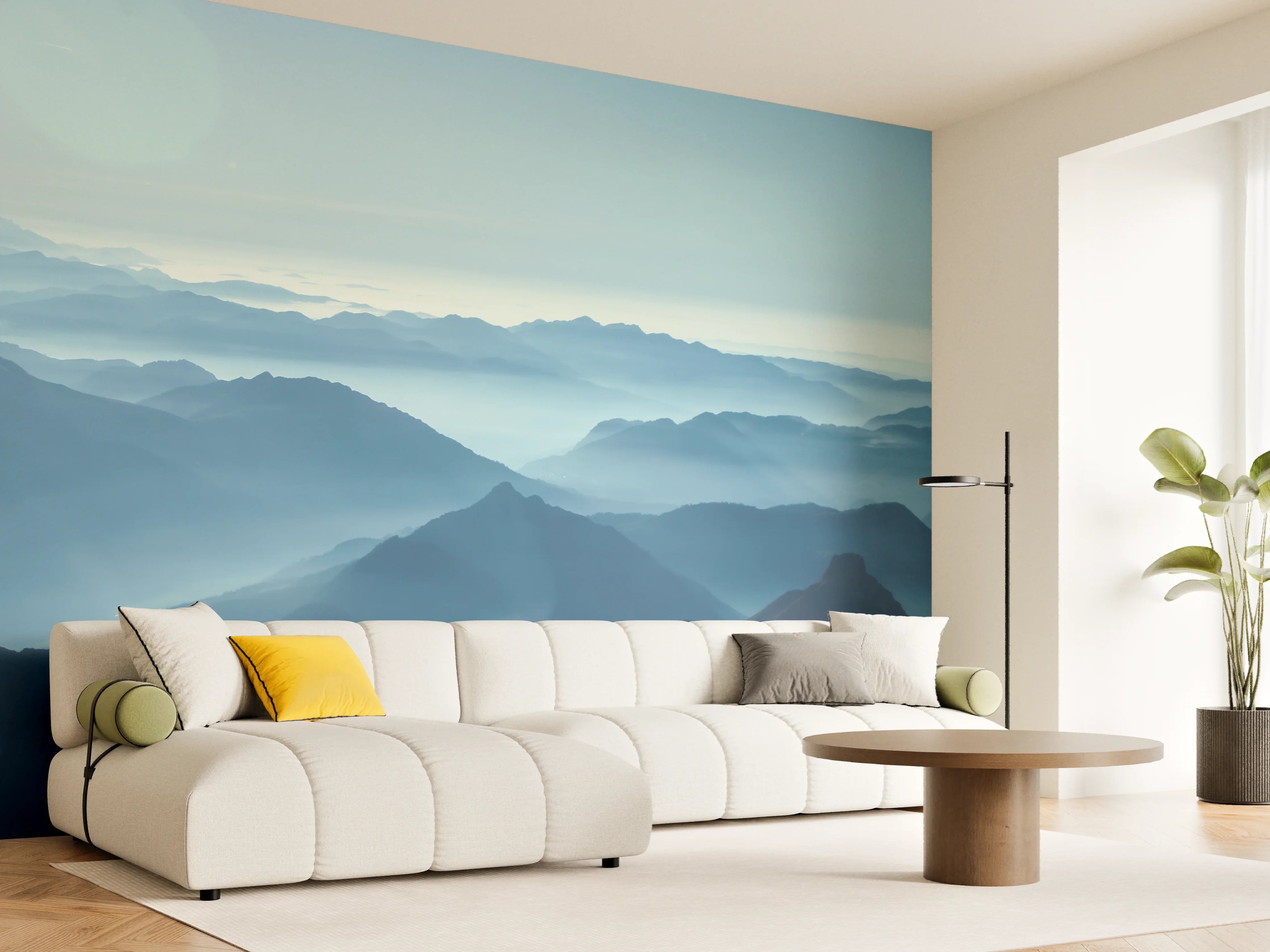 Wandverkleidung Wohnzimmer - Blaue Berglandschaft bei Sonnenaufgang