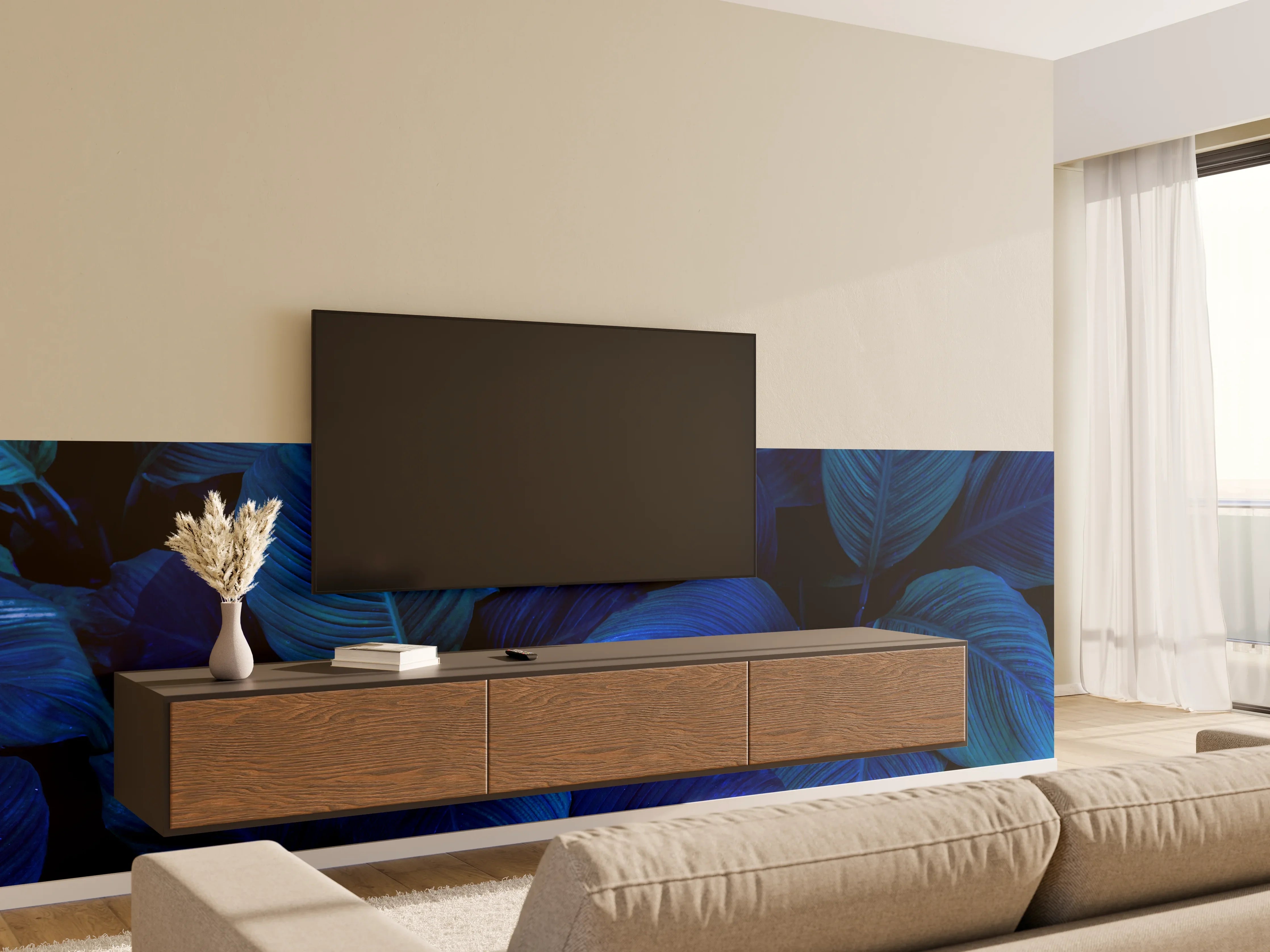 Wandverkleidung Wohnzimmer - Blaue Blätter in dunkler Umgebung