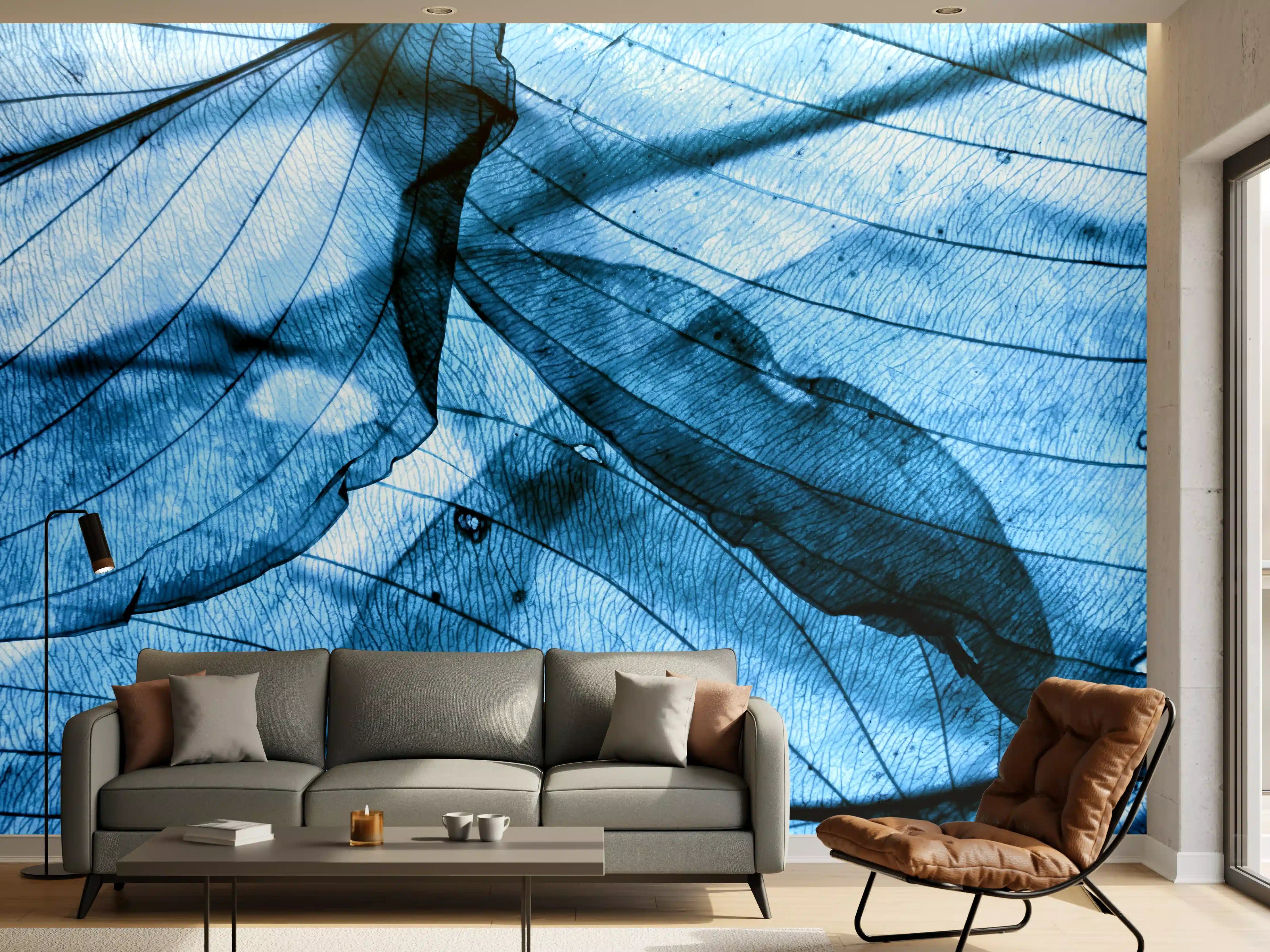 Wandverkleidung Wohnzimmer - Blaue Blätterstruktur im Detail