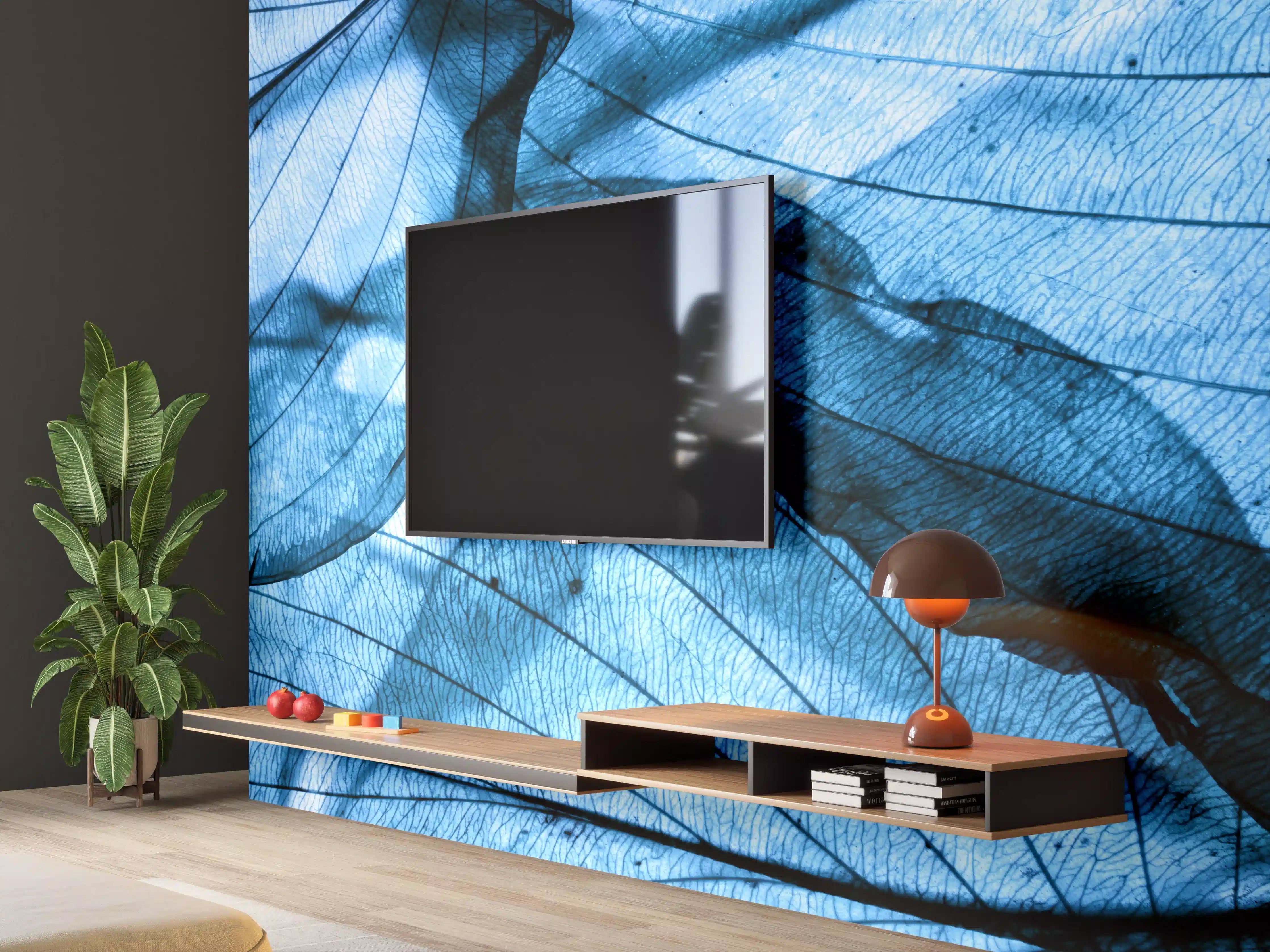 Wandverkleidung Wohnzimmer - Blaue Blätterstruktur im Detail