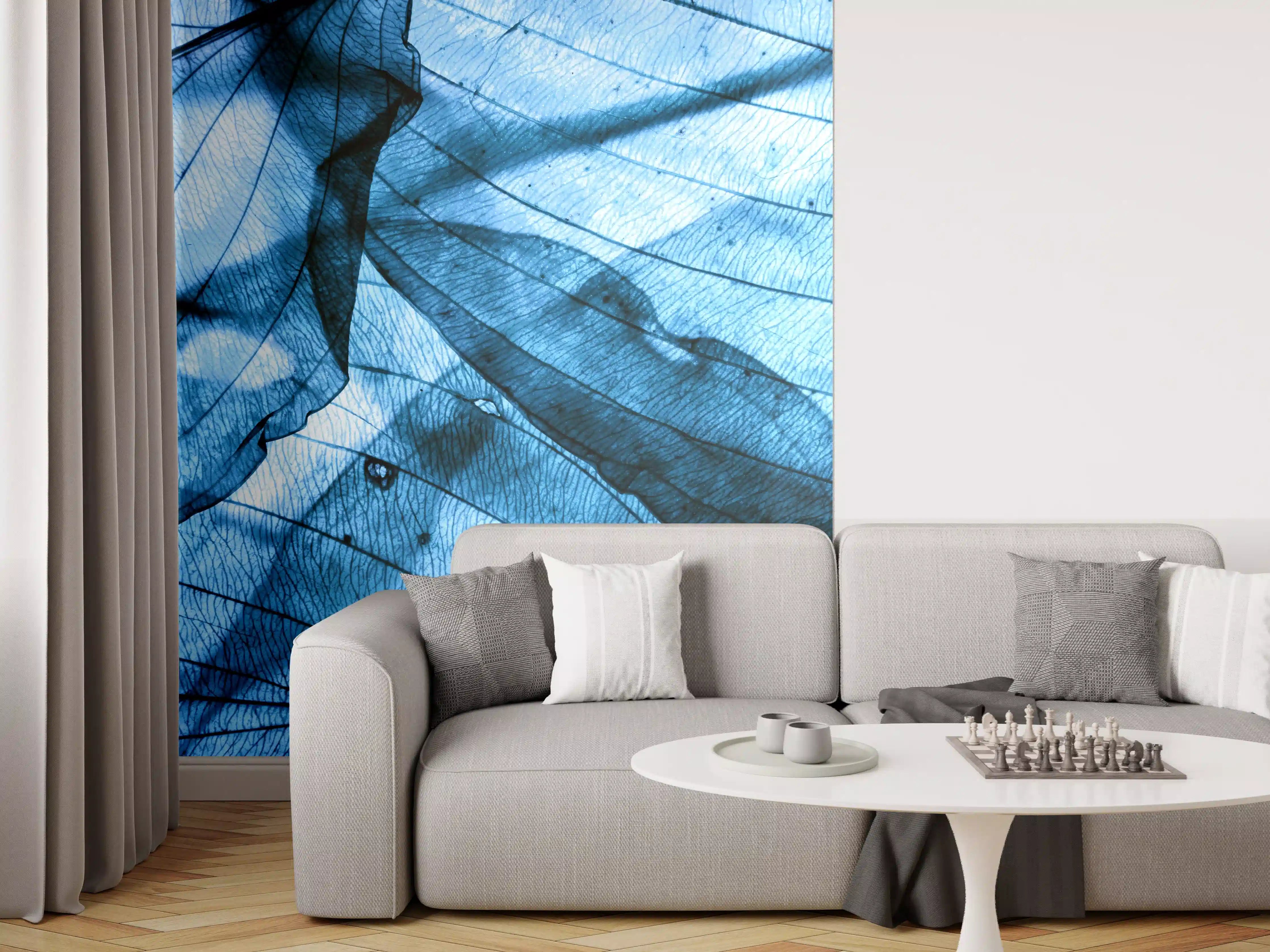 Wandverkleidung Wohnzimmer - Blaue Blätterstruktur im Detail
