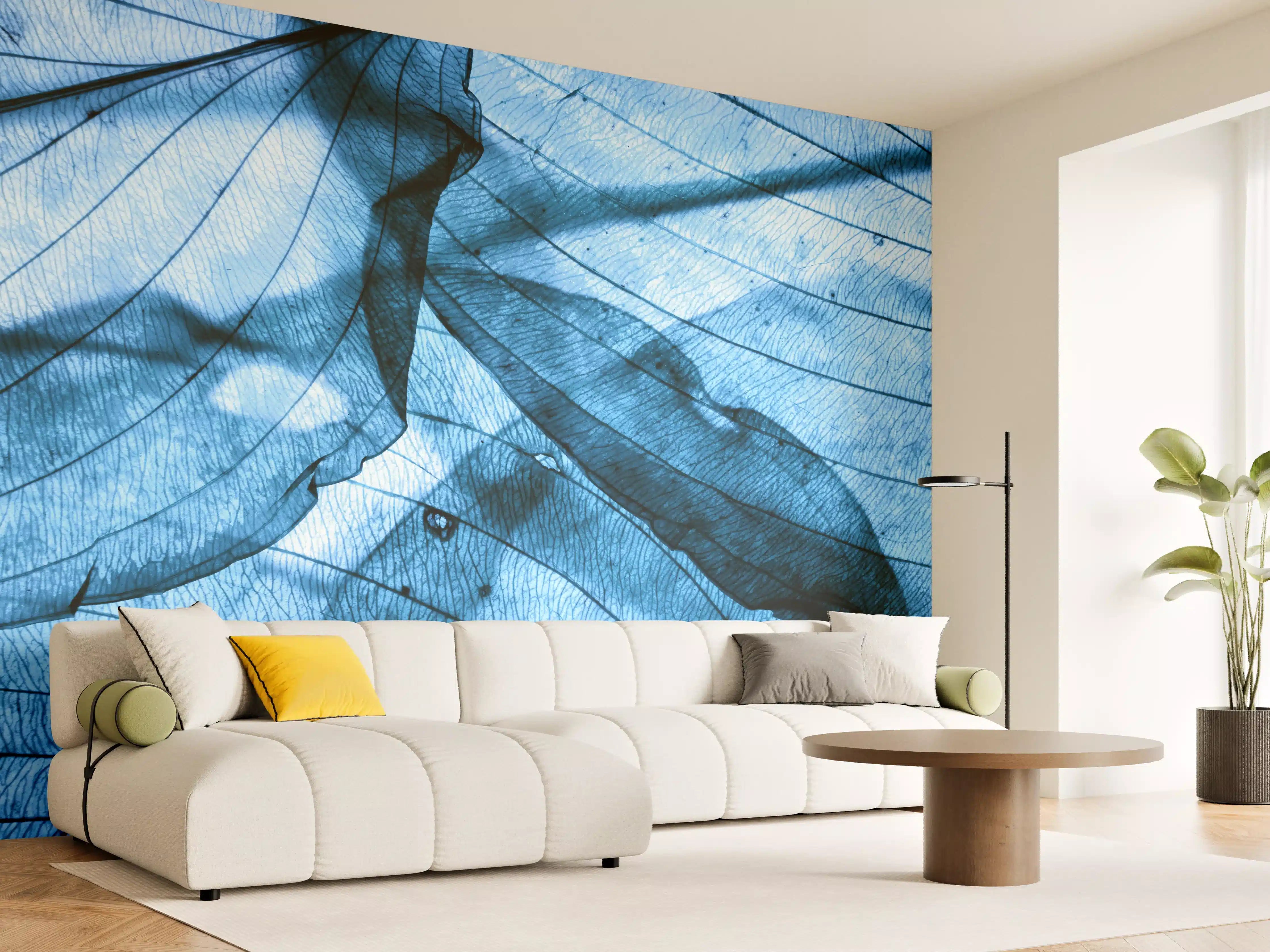 Wandverkleidung Wohnzimmer - Blaue Blätterstruktur im Detail
