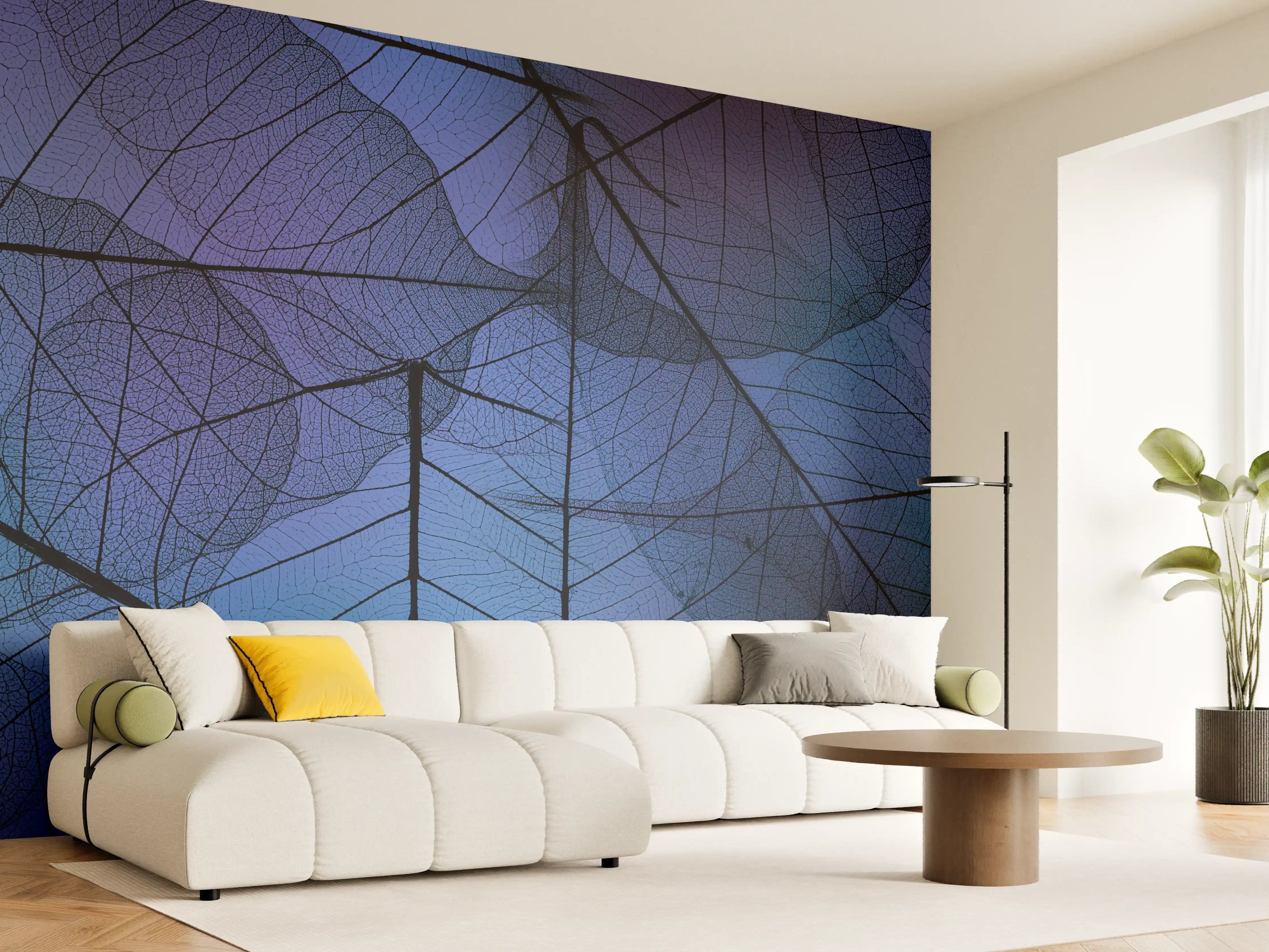 Wandverkleidung Wohnzimmer - Blaue Blattadern Textur Makro