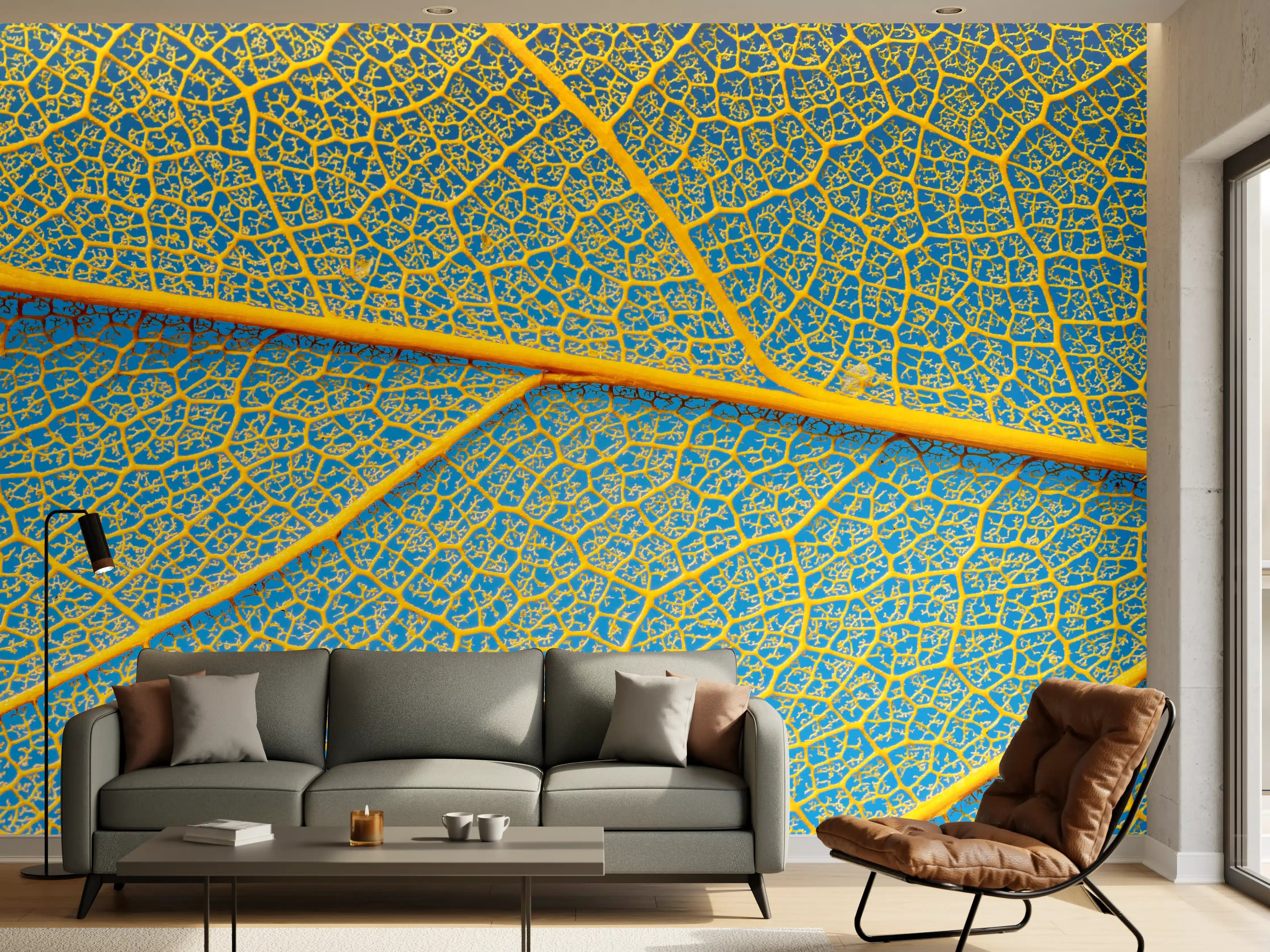 Wandverkleidung Wohnzimmer - Blaue Blattstruktur mit Goldakzenten