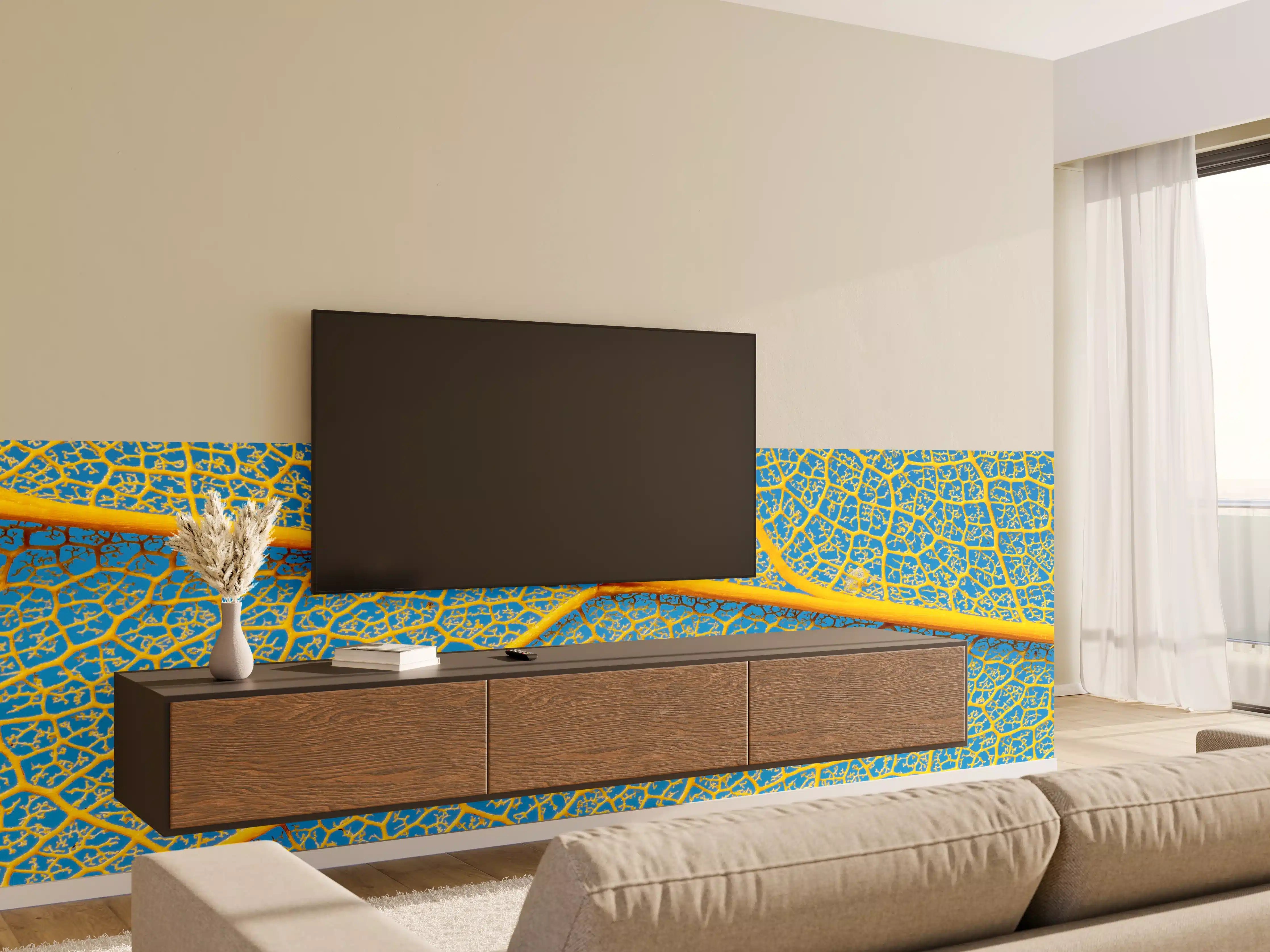Wandverkleidung Wohnzimmer - Blaue Blattstruktur mit Goldakzenten