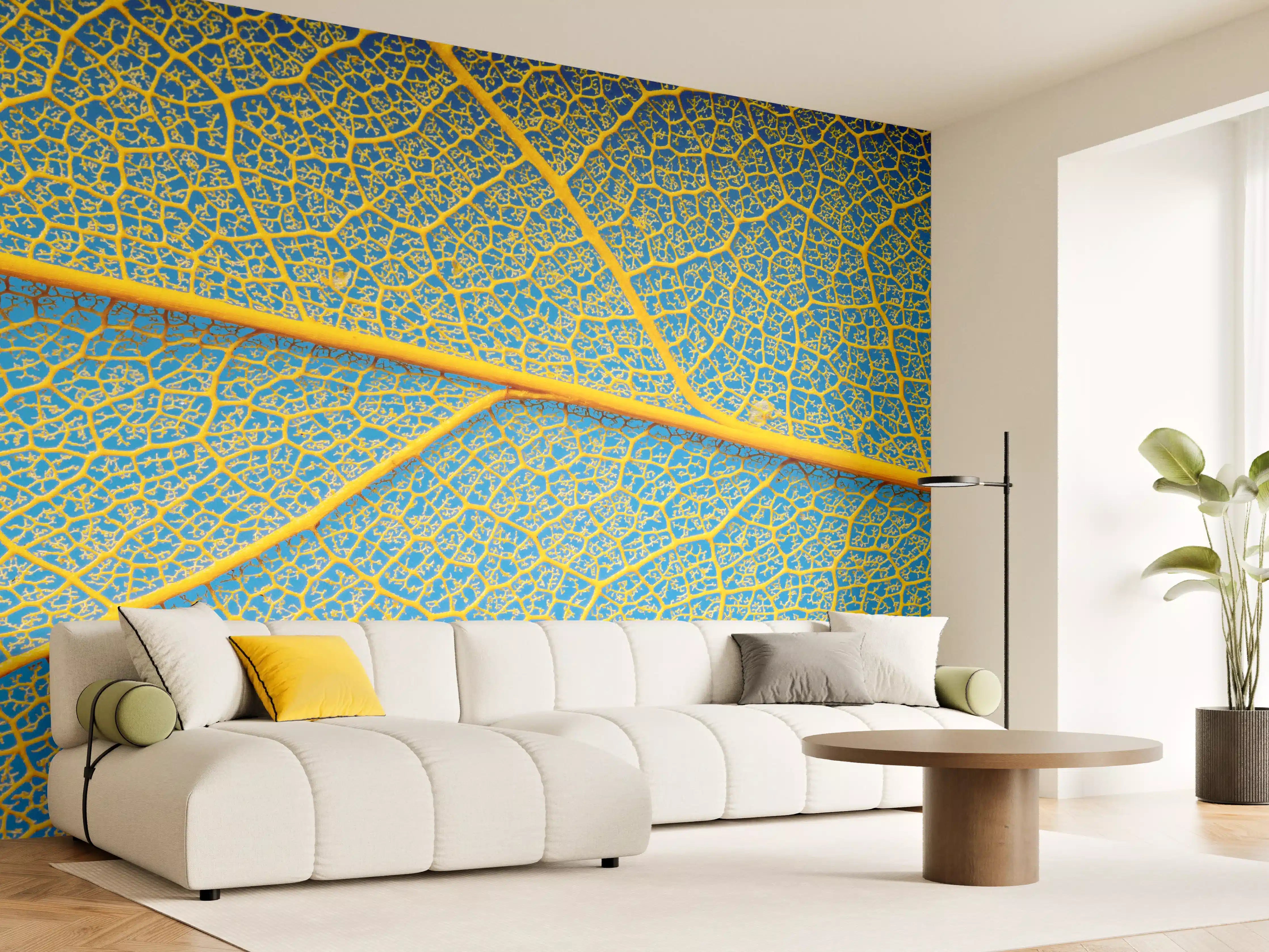 Wandverkleidung Wohnzimmer - Blaue Blattstruktur mit Goldakzenten