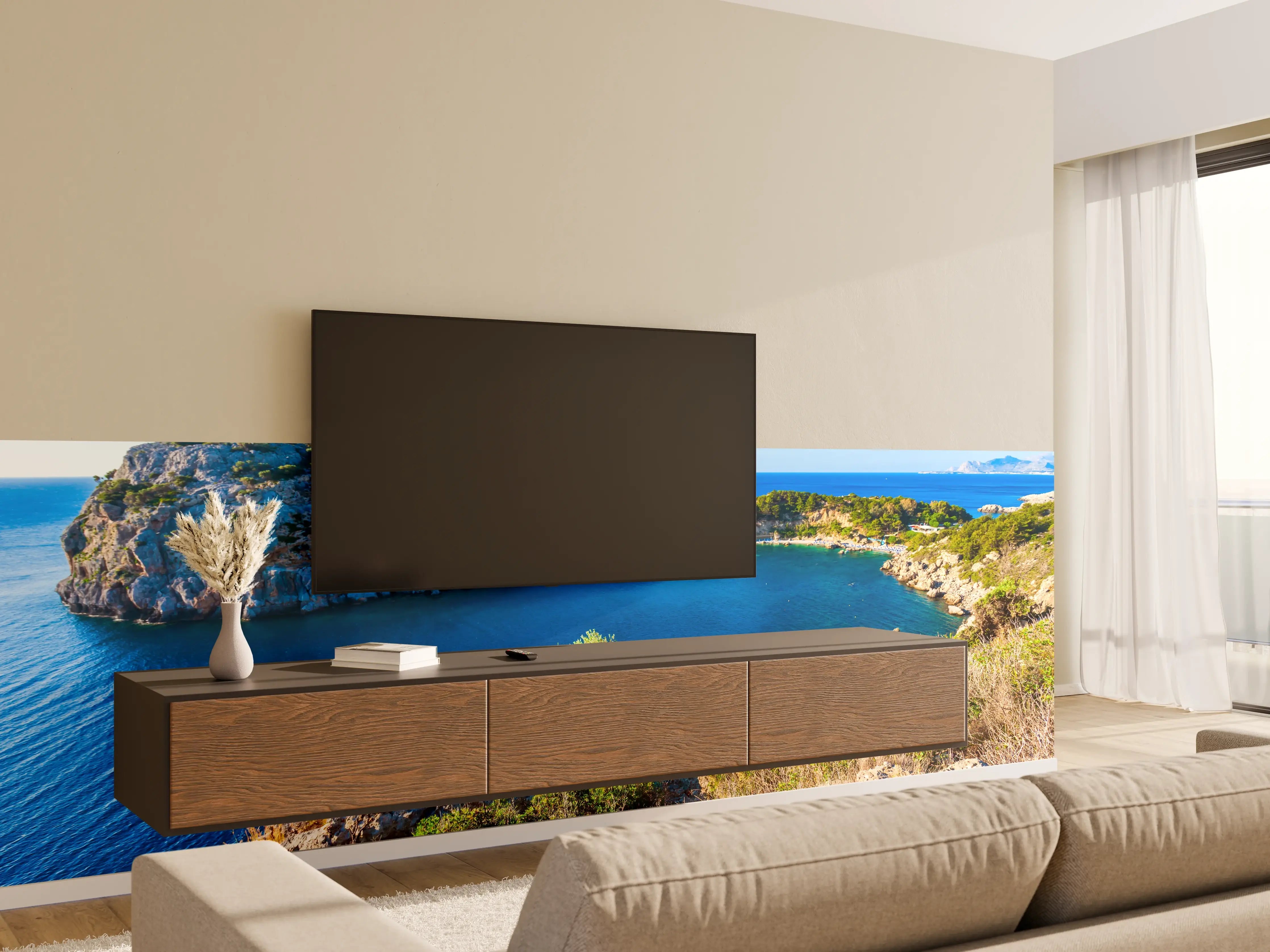 Wandverkleidung Wohnzimmer - Blaue Bucht mit Felsen und Vegetation