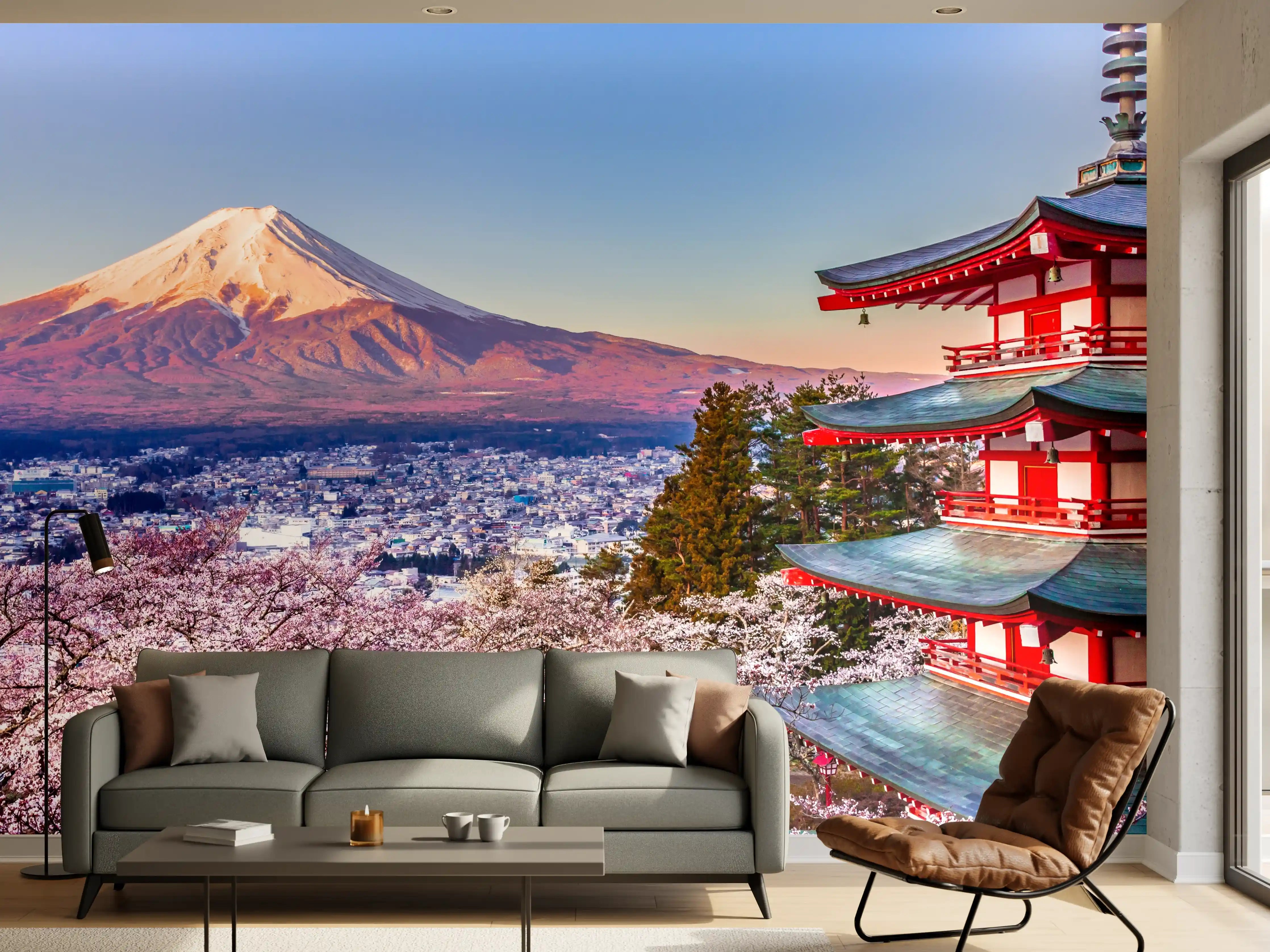 Wandverkleidung Wohnzimmer - Blaue Himmelskulisse mit Japanischer Pagode und Bergpanorama