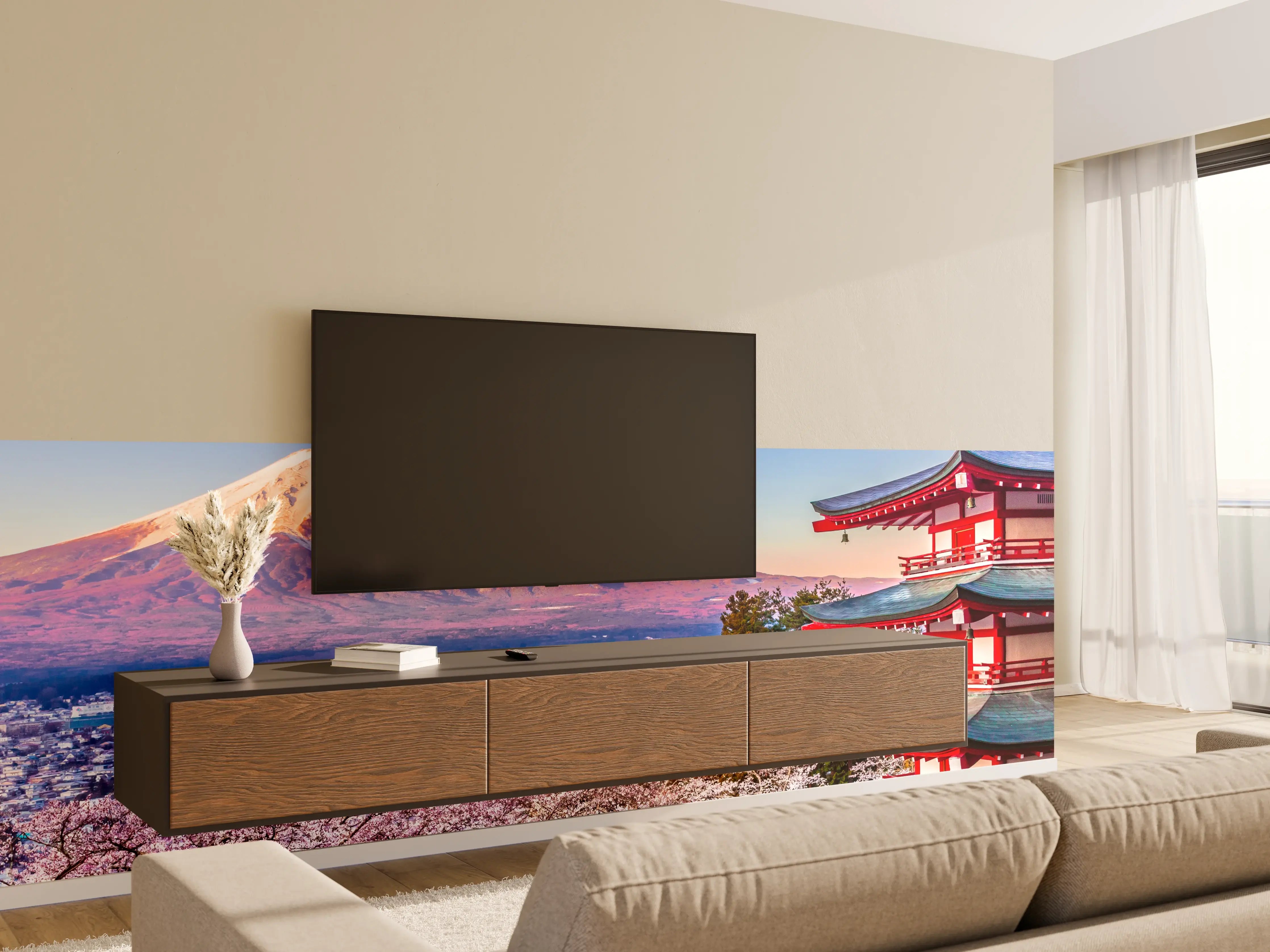 Wandverkleidung Wohnzimmer - Blaue Himmelskulisse mit Japanischer Pagode und Bergpanorama