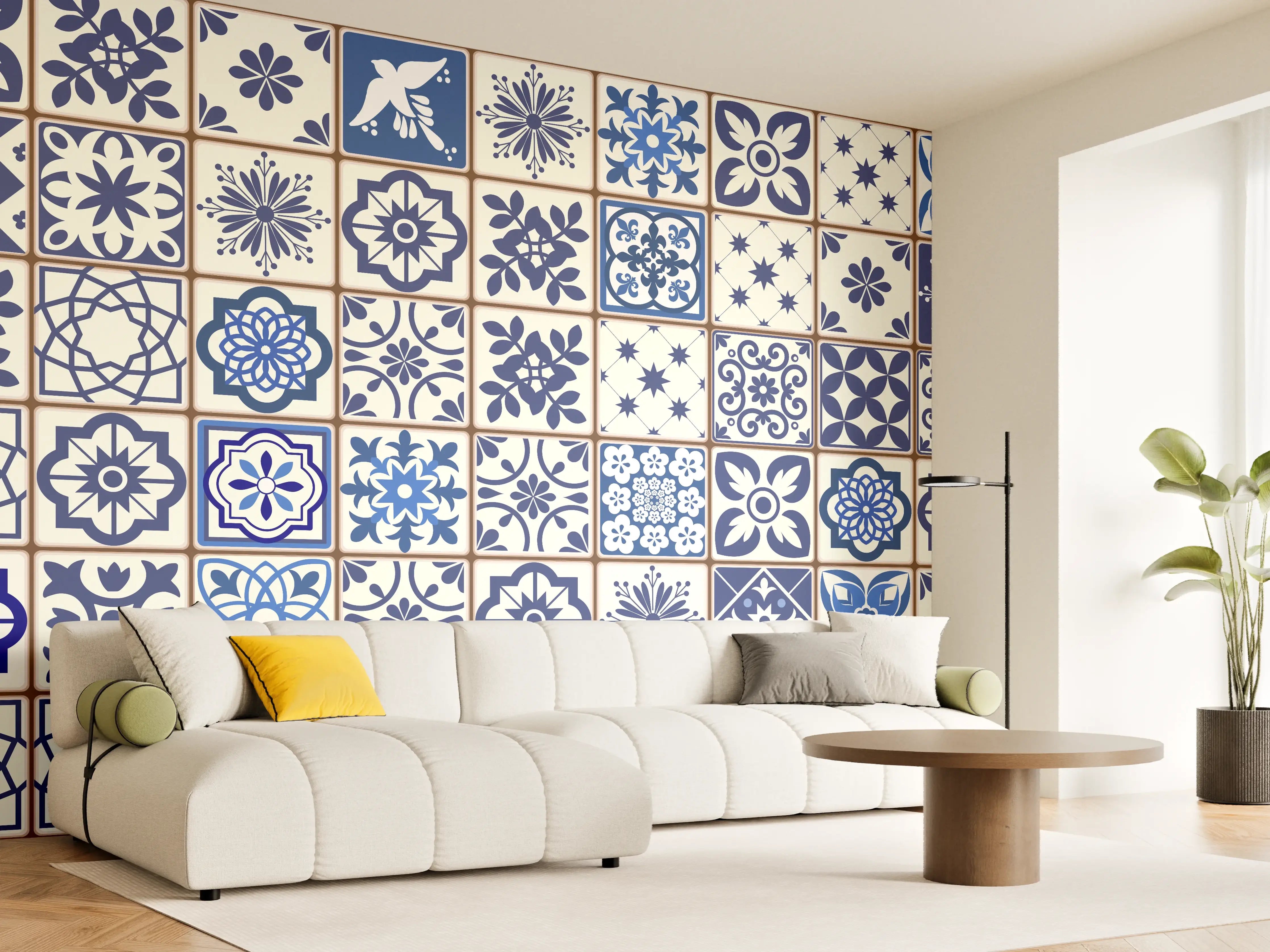 Wandverkleidung Wohnzimmer - Blaue Keramik-Fliesen Muster