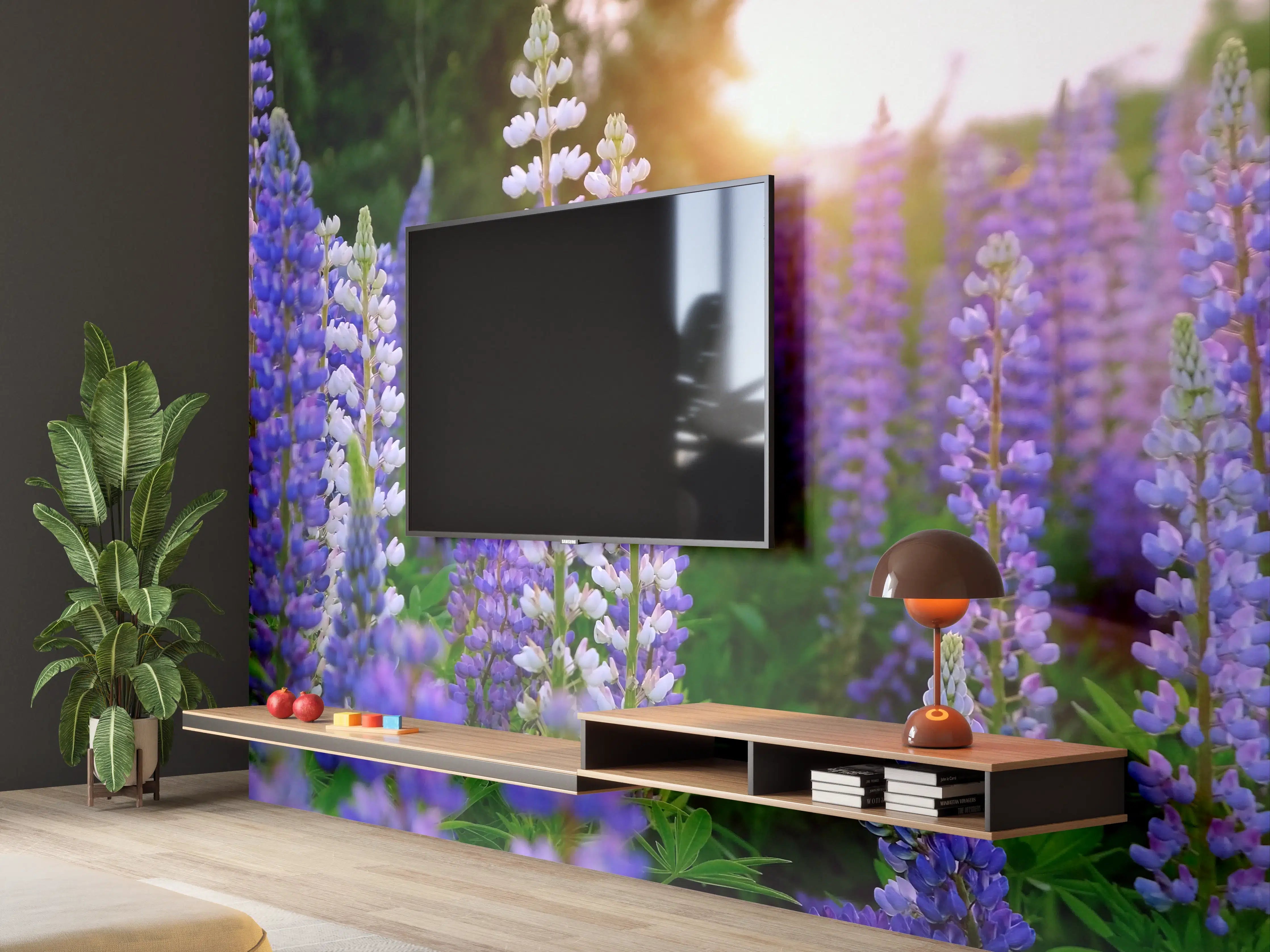 Wandverkleidung Wohnzimmer - Blaue Lupinen im Sonnenuntergang