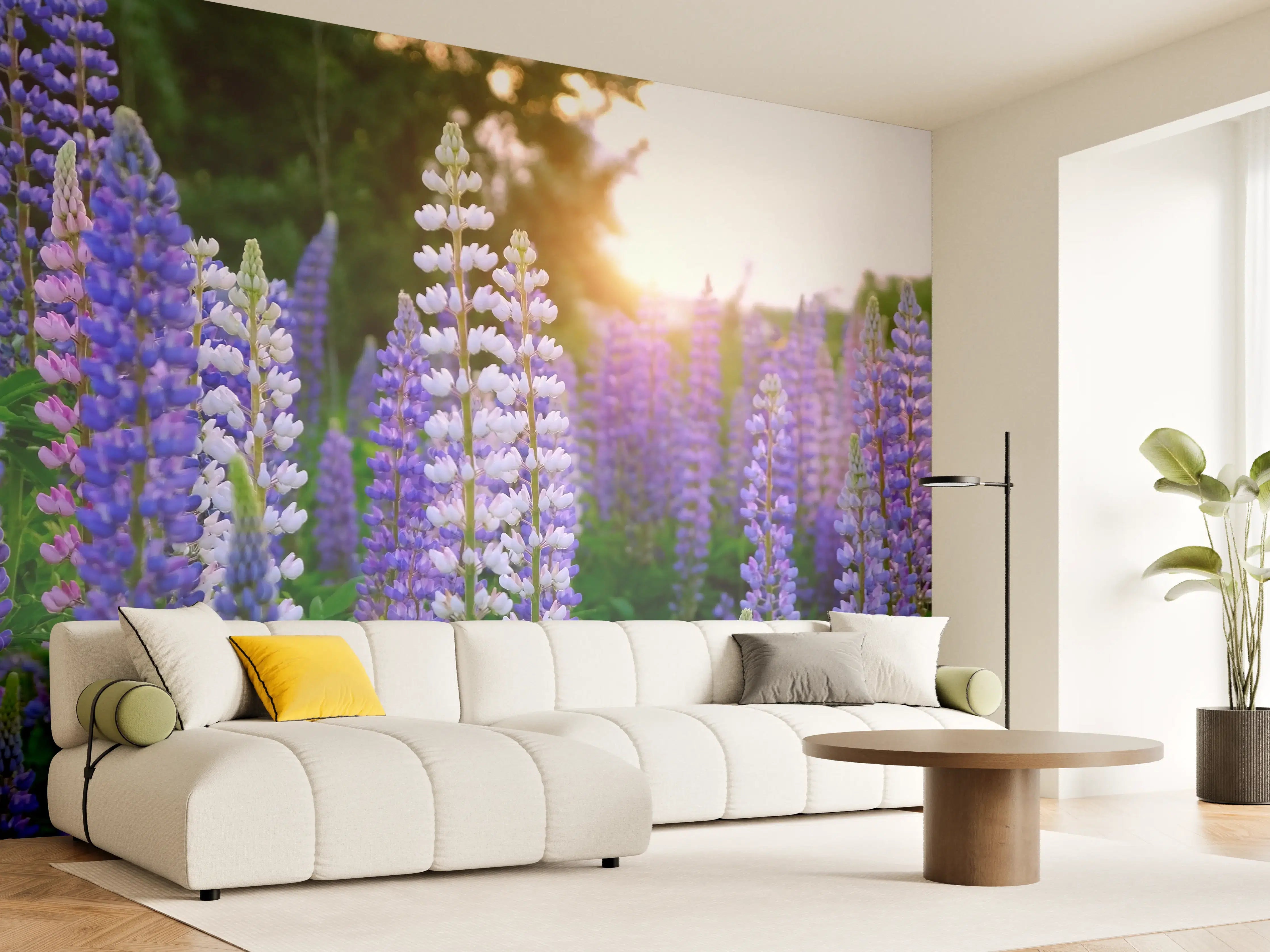 Wandverkleidung Wohnzimmer - Blaue Lupinen im Sonnenuntergang