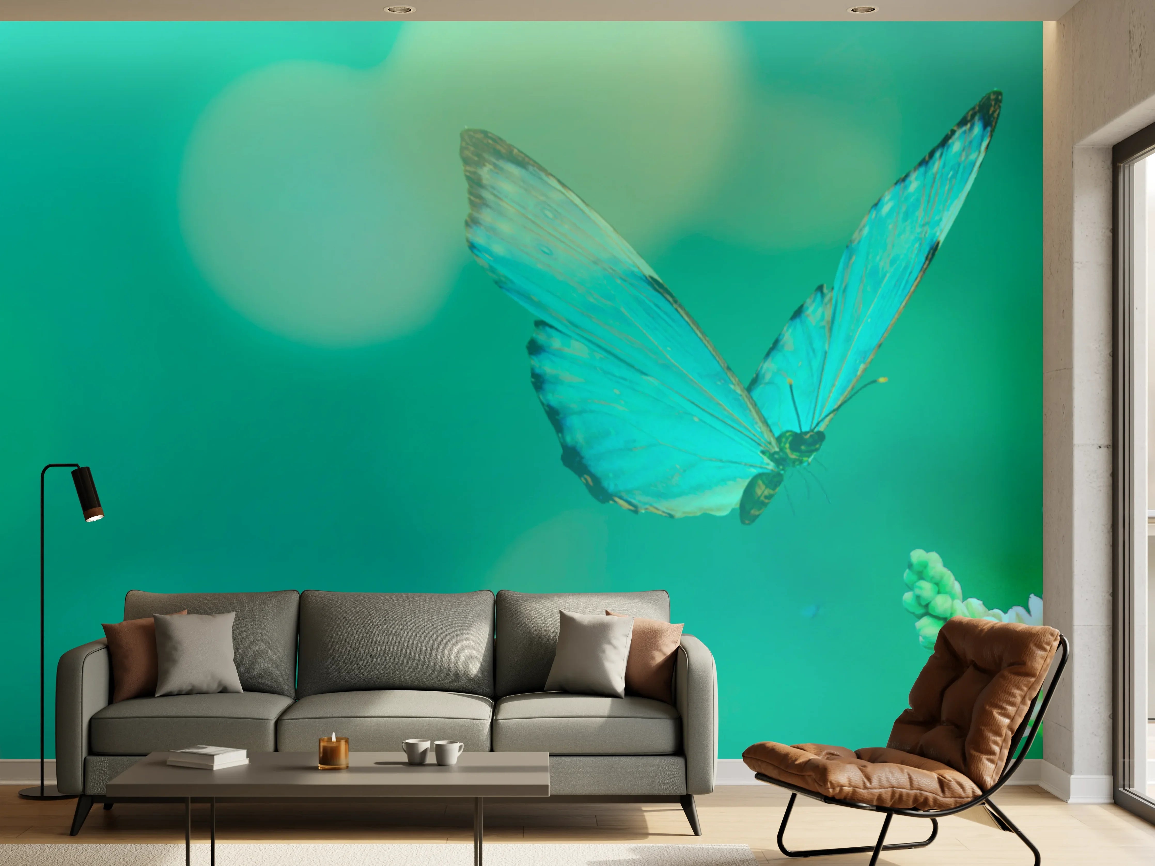 Wandverkleidung Wohnzimmer - Blaue Schmetterlinge und Blumen in sanfter Umgebung