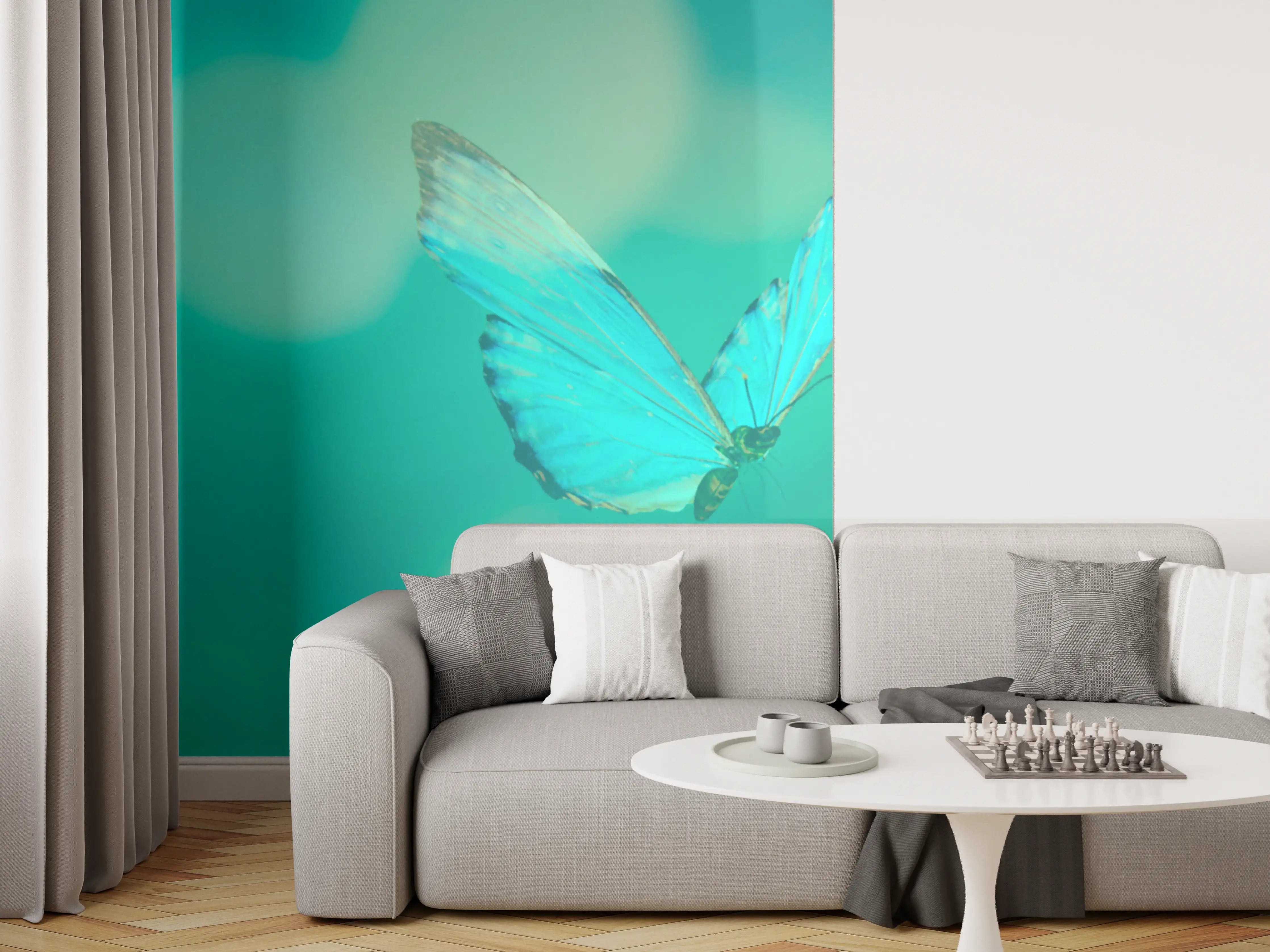 Wandverkleidung Wohnzimmer - Blaue Schmetterlinge und Blumen in sanfter Umgebung