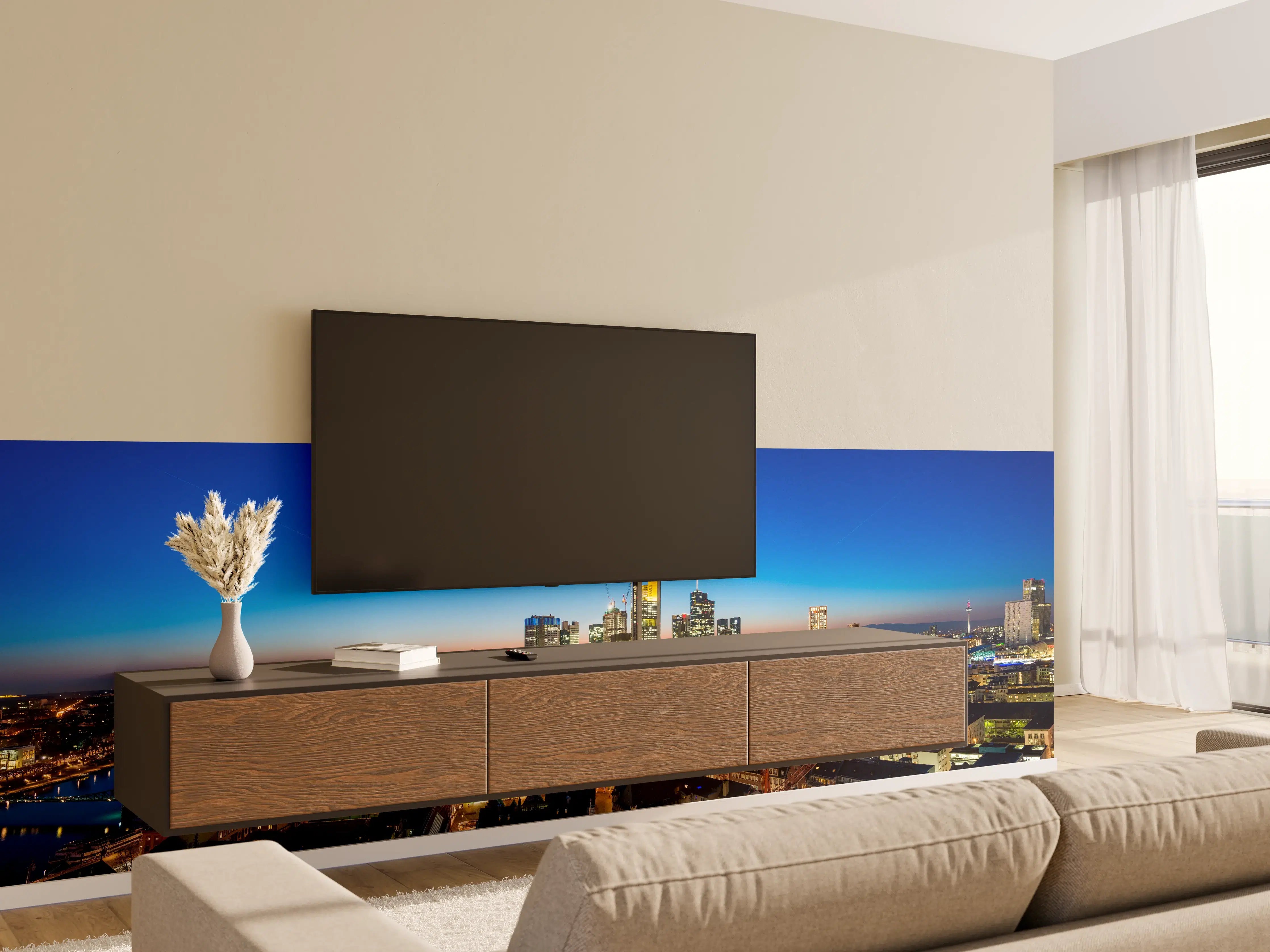 Wandverkleidung Wohnzimmer - Blaue Skyline bei Abenddämmerung