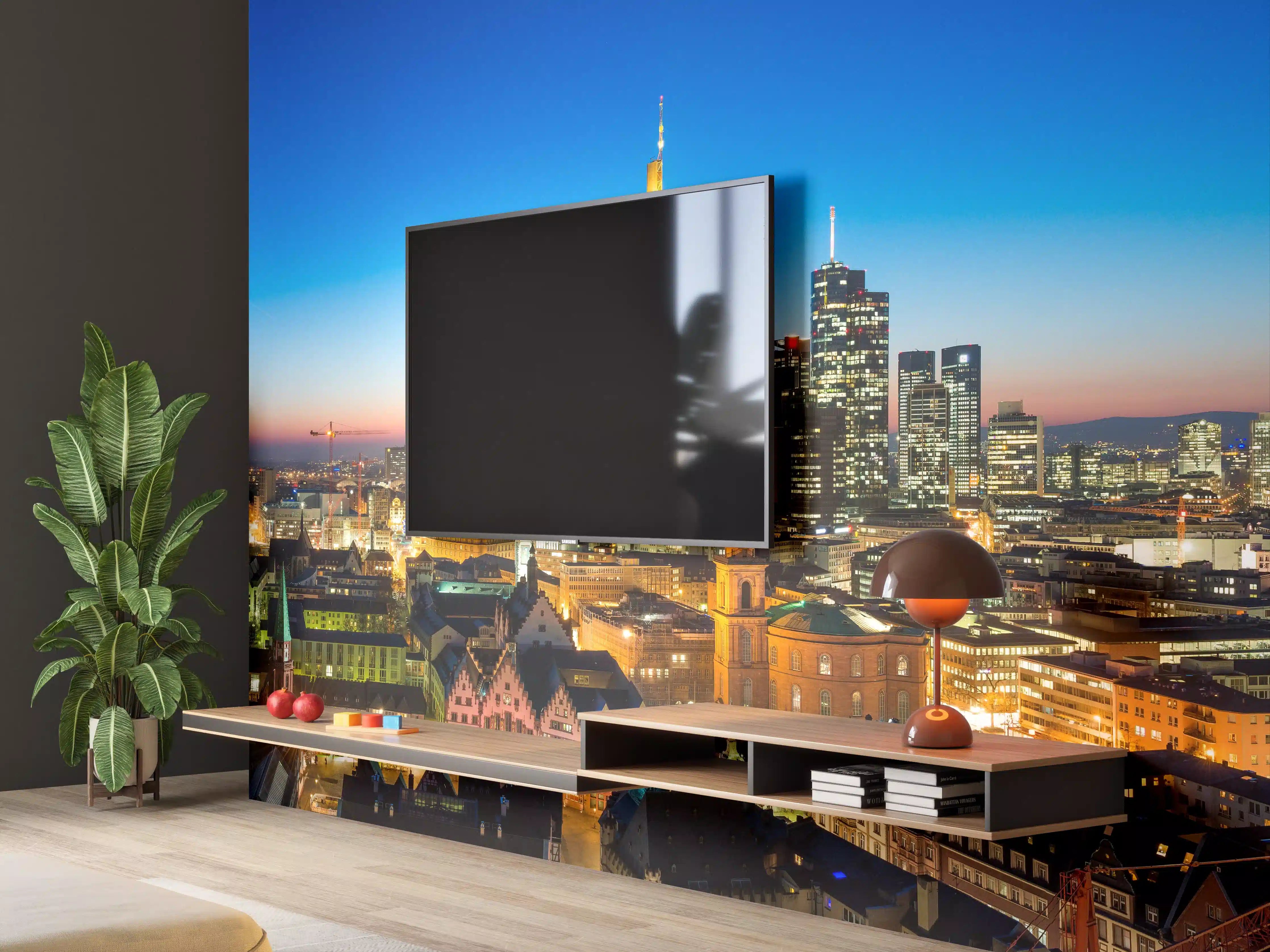 Wandverkleidung Wohnzimmer - Blaue Skyline bei Abenddämmerung