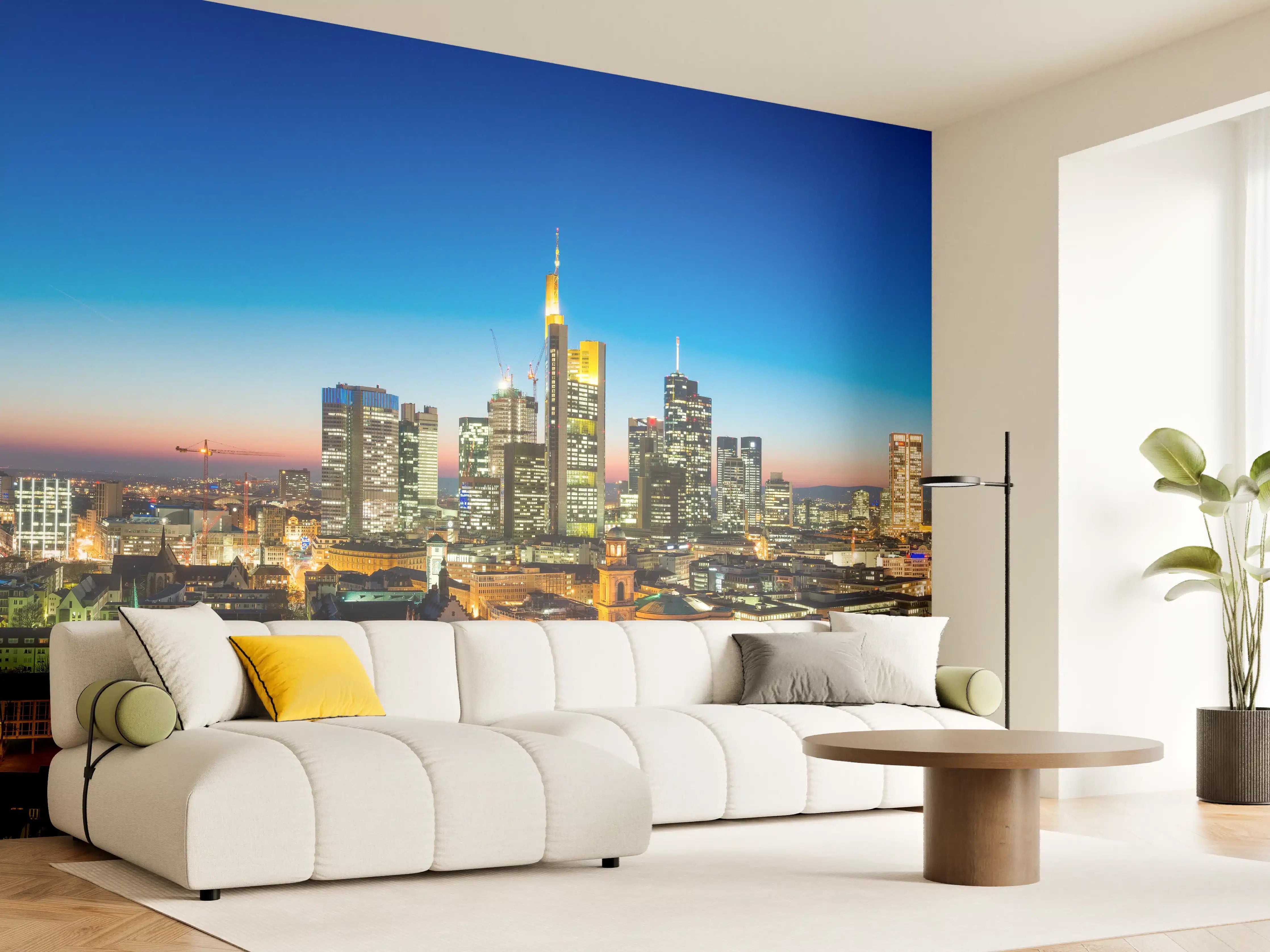 Wandverkleidung Wohnzimmer - Blaue Skyline bei Abenddämmerung