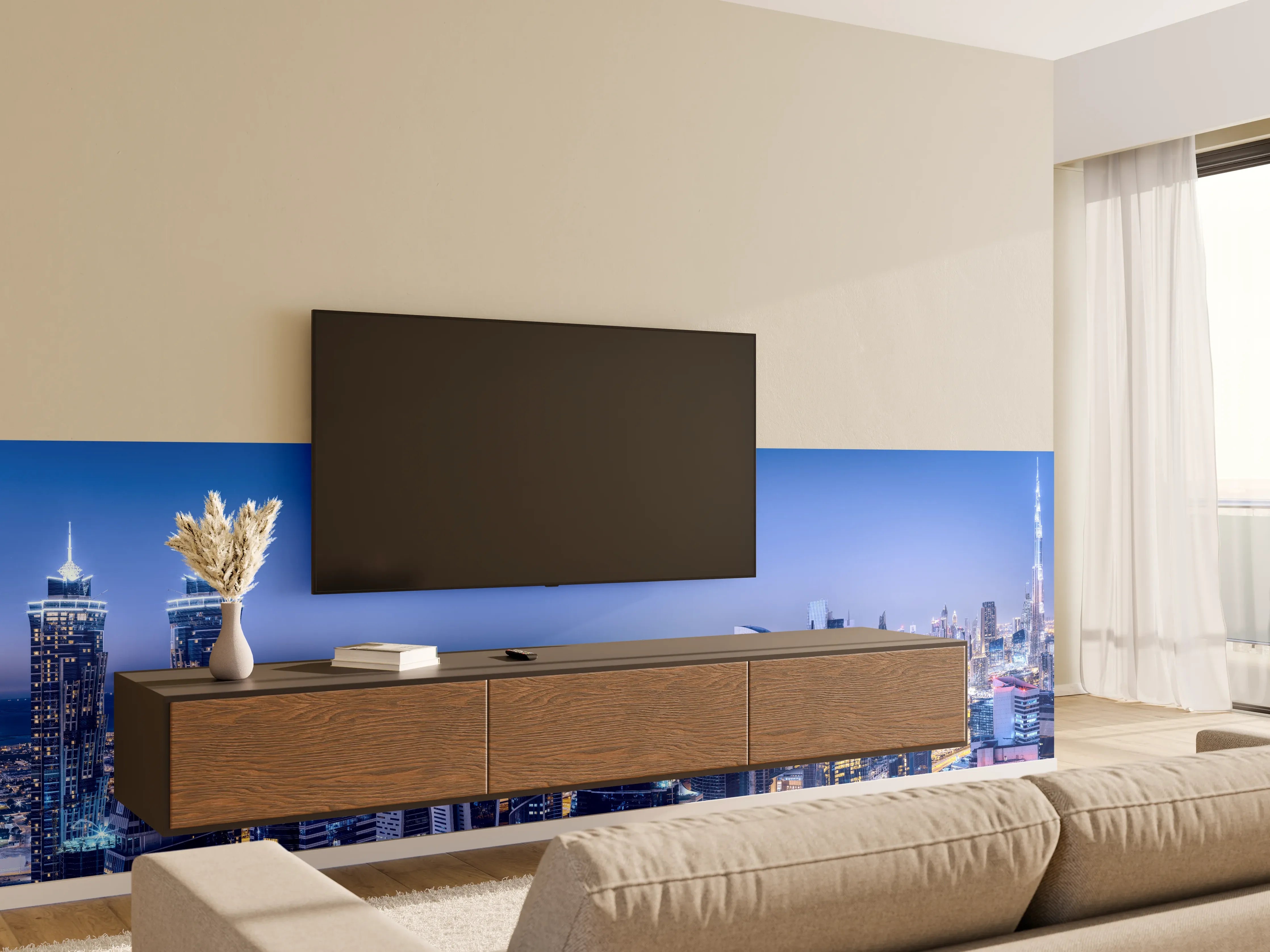 Wandverkleidung Wohnzimmer - Blaue Skyline bei Nacht