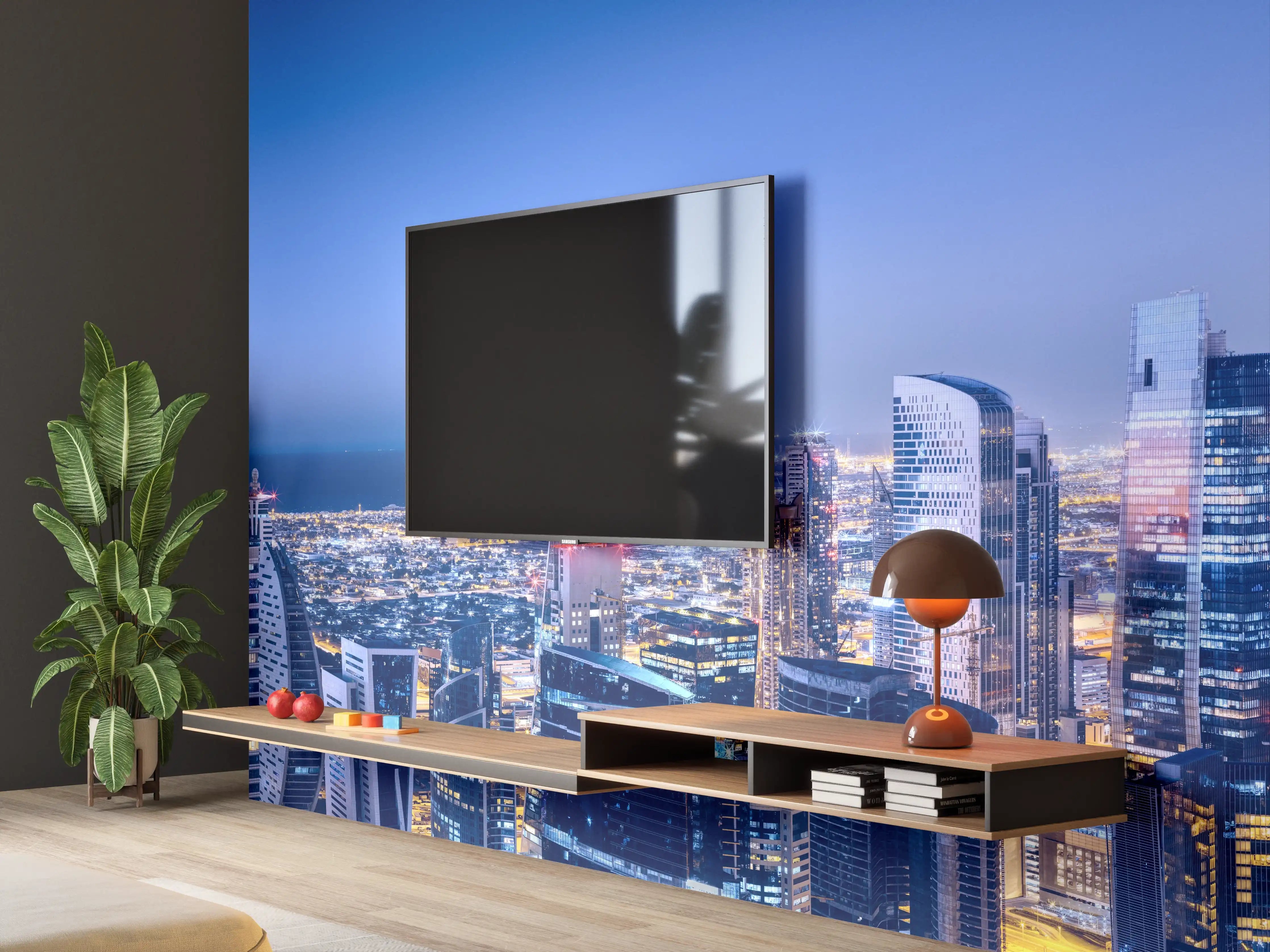 Wandverkleidung Wohnzimmer - Blaue Skyline bei Nacht