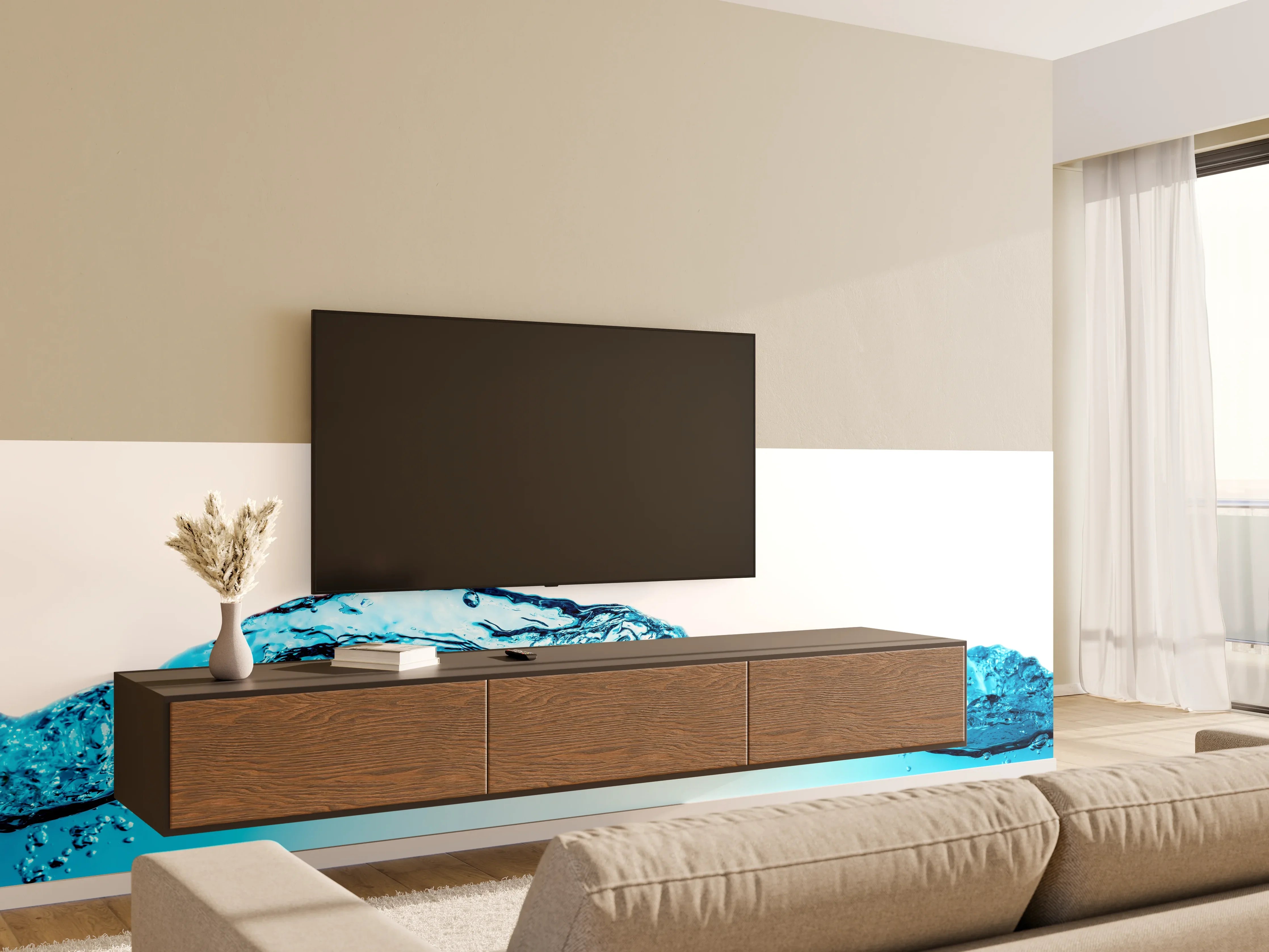 Wandverkleidung Wohnzimmer - Blaue Wasserwelle mit Bläschen
