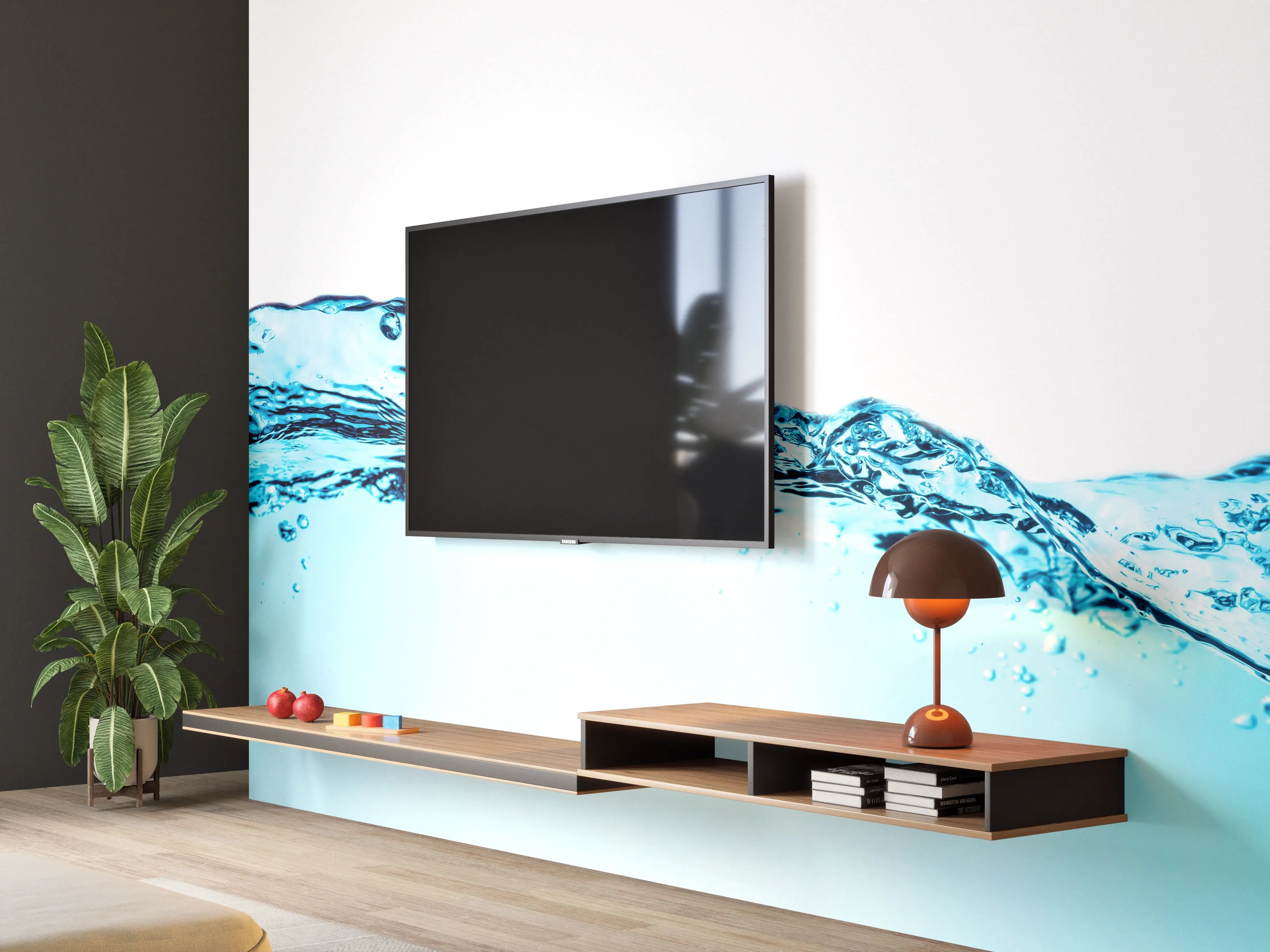 Wandverkleidung Wohnzimmer - Blaue Wasserwelle mit Bläschen