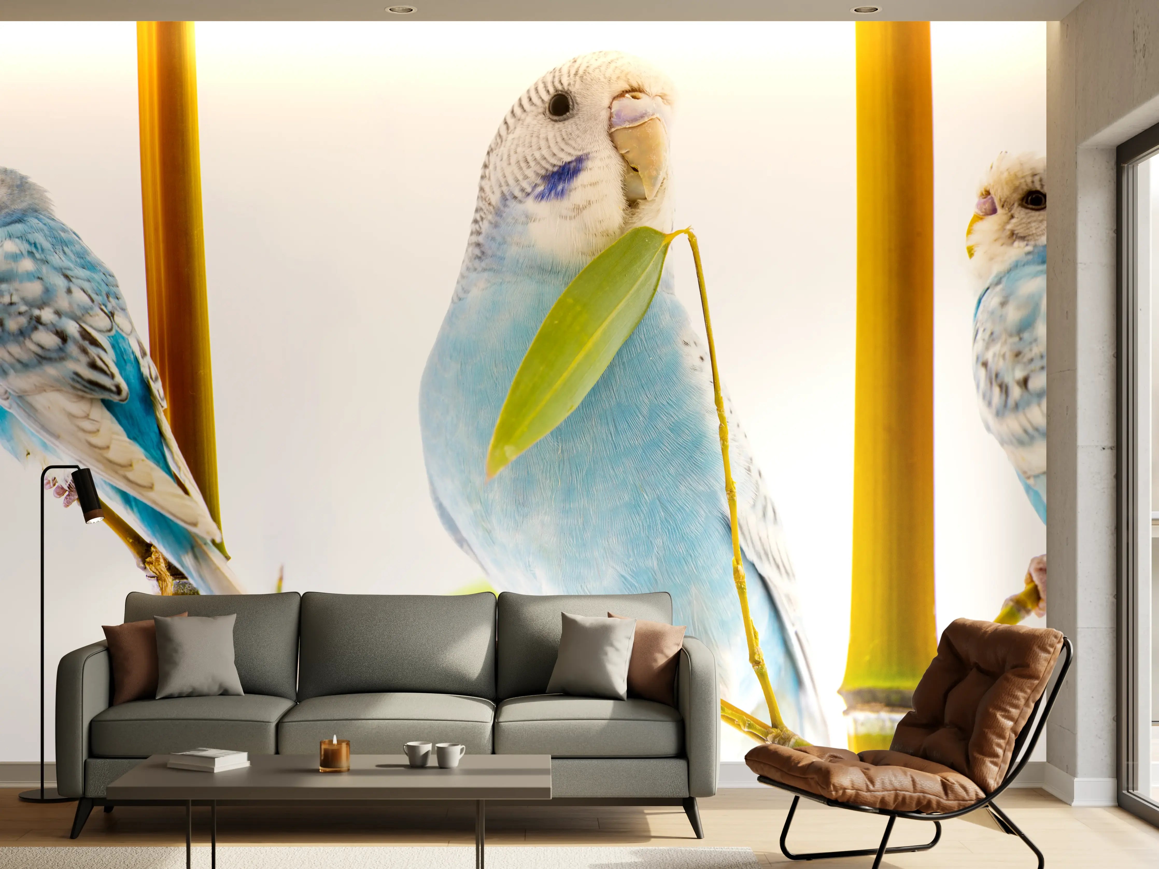 Wandverkleidung Wohnzimmer - Blaue gewellte Papageien auf weißem Hintergrund