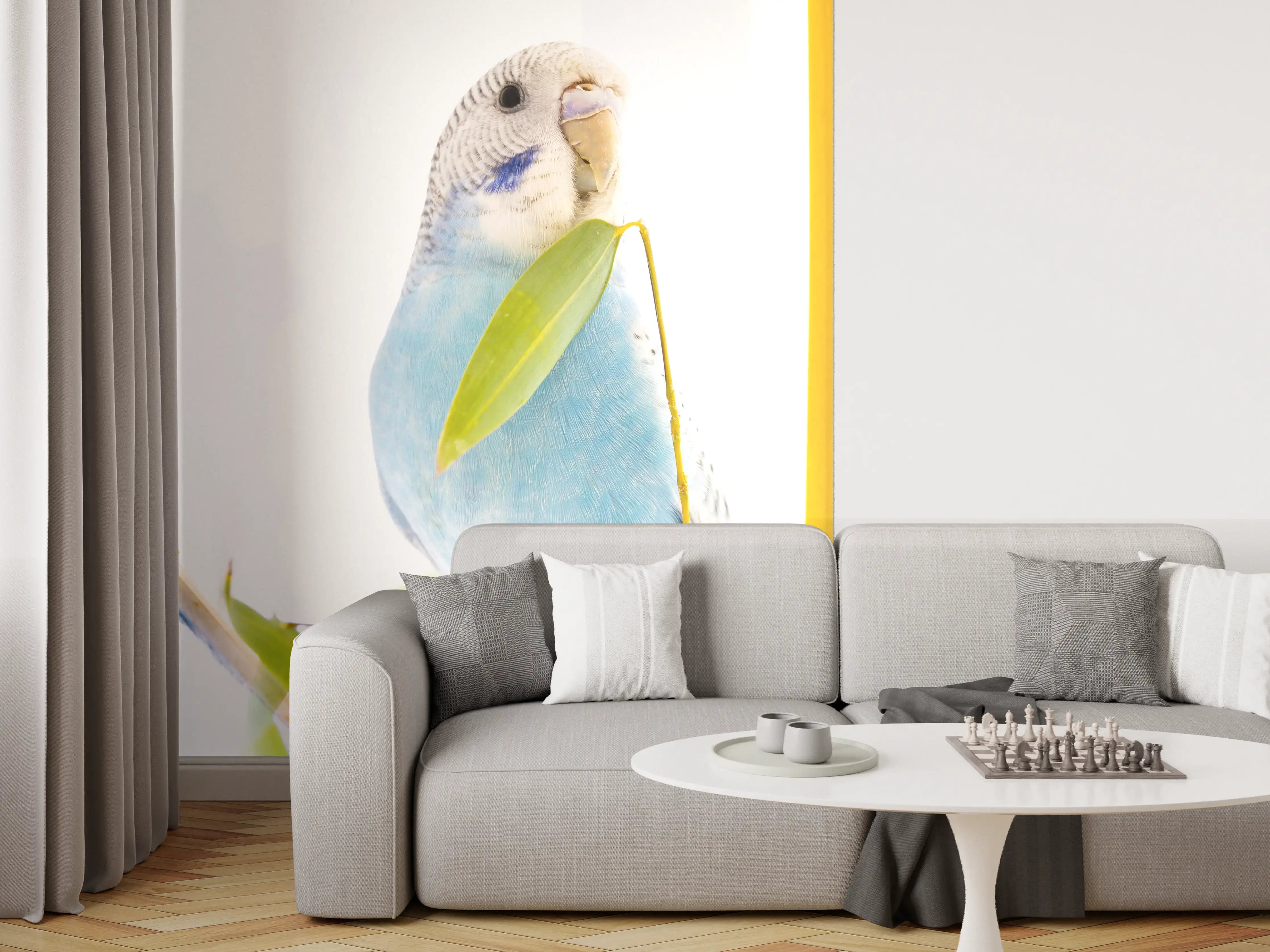 Wandverkleidung Wohnzimmer - Blaue gewellte Papageien auf weißem Hintergrund