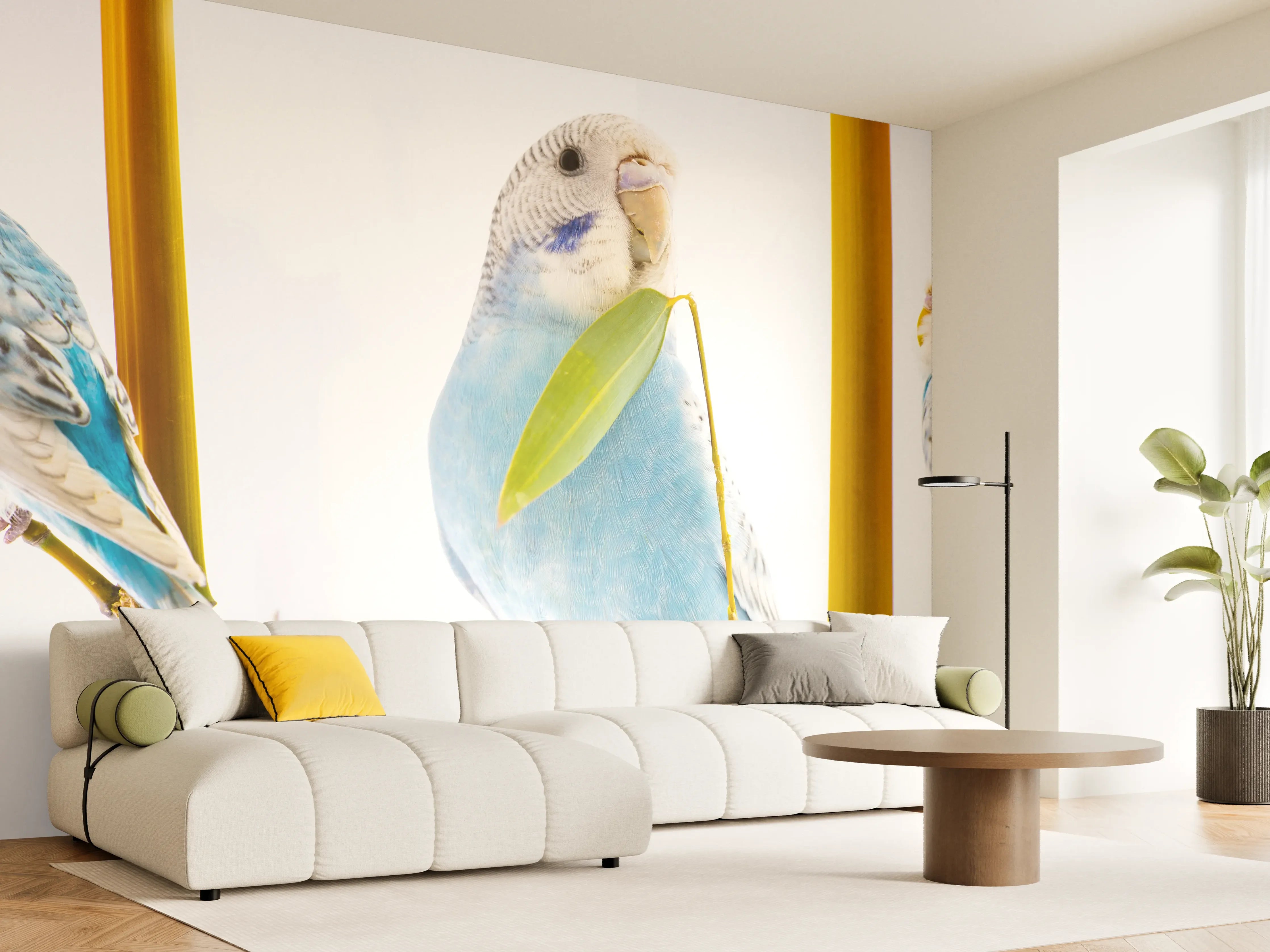 Wandverkleidung Wohnzimmer - Blaue gewellte Papageien auf weißem Hintergrund