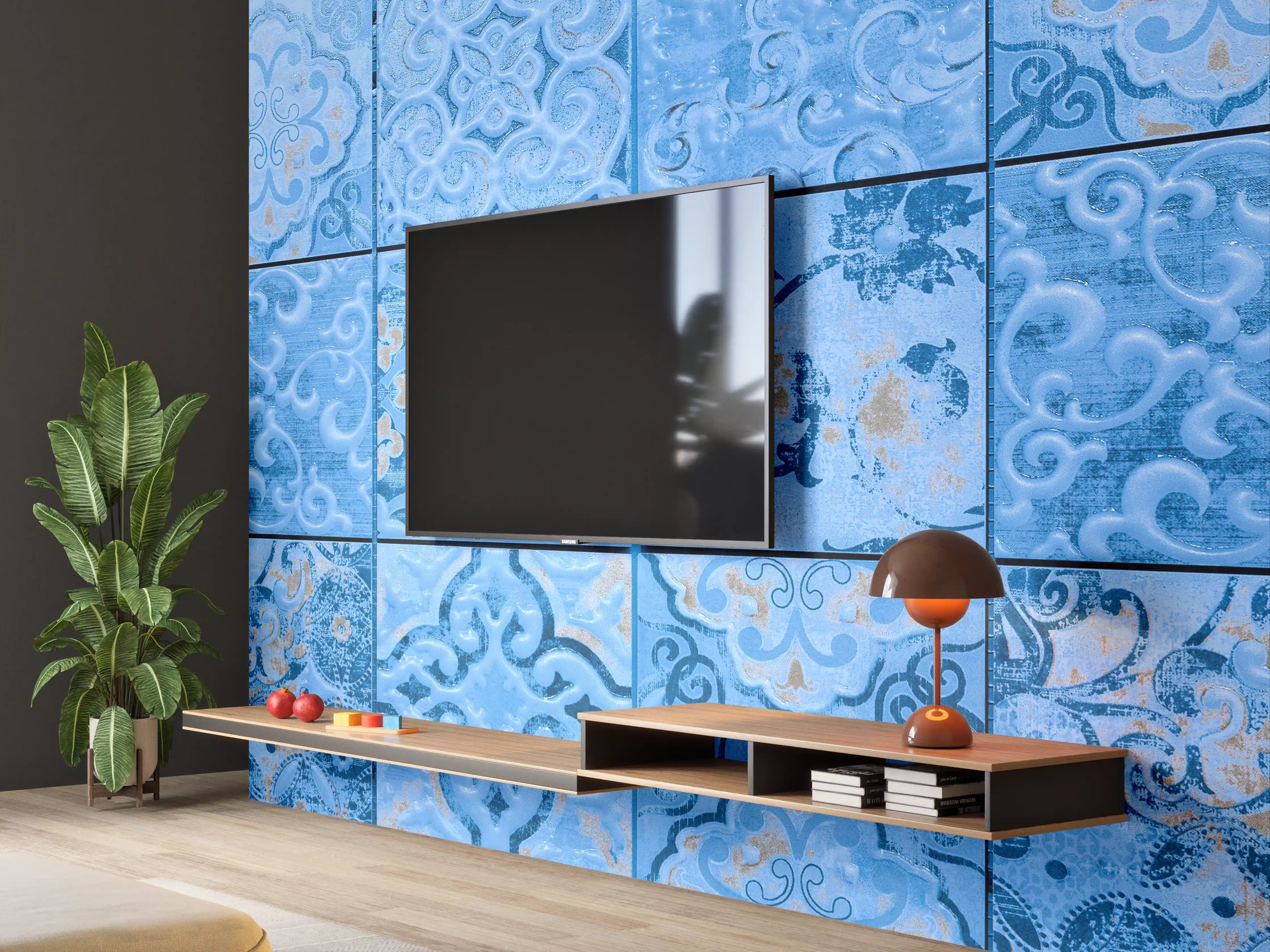 Wandverkleidung Wohnzimmer - Blaue rechteckige Vintage Zementfliesen
