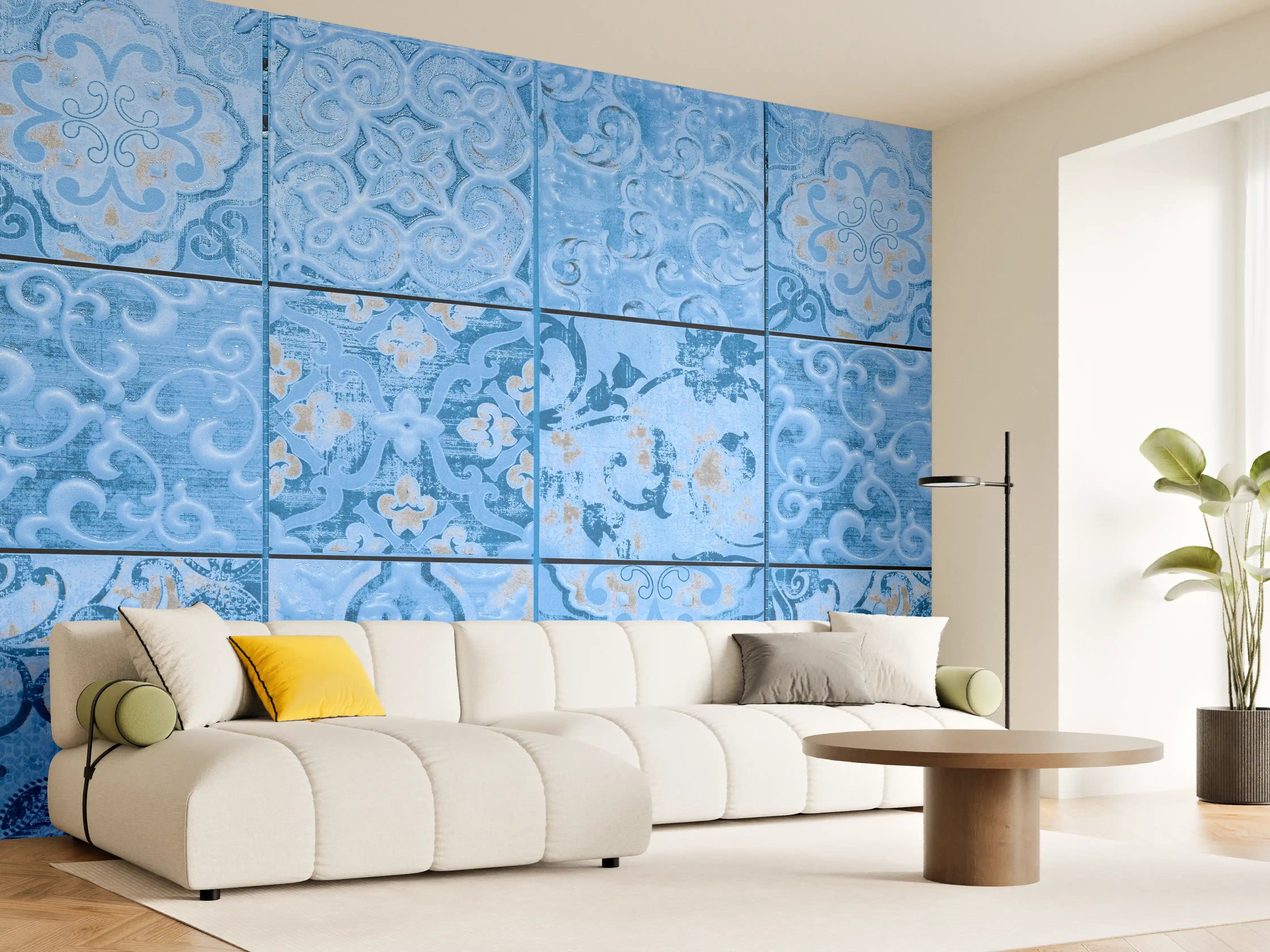Wandverkleidung Wohnzimmer - Blaue rechteckige Vintage Zementfliesen