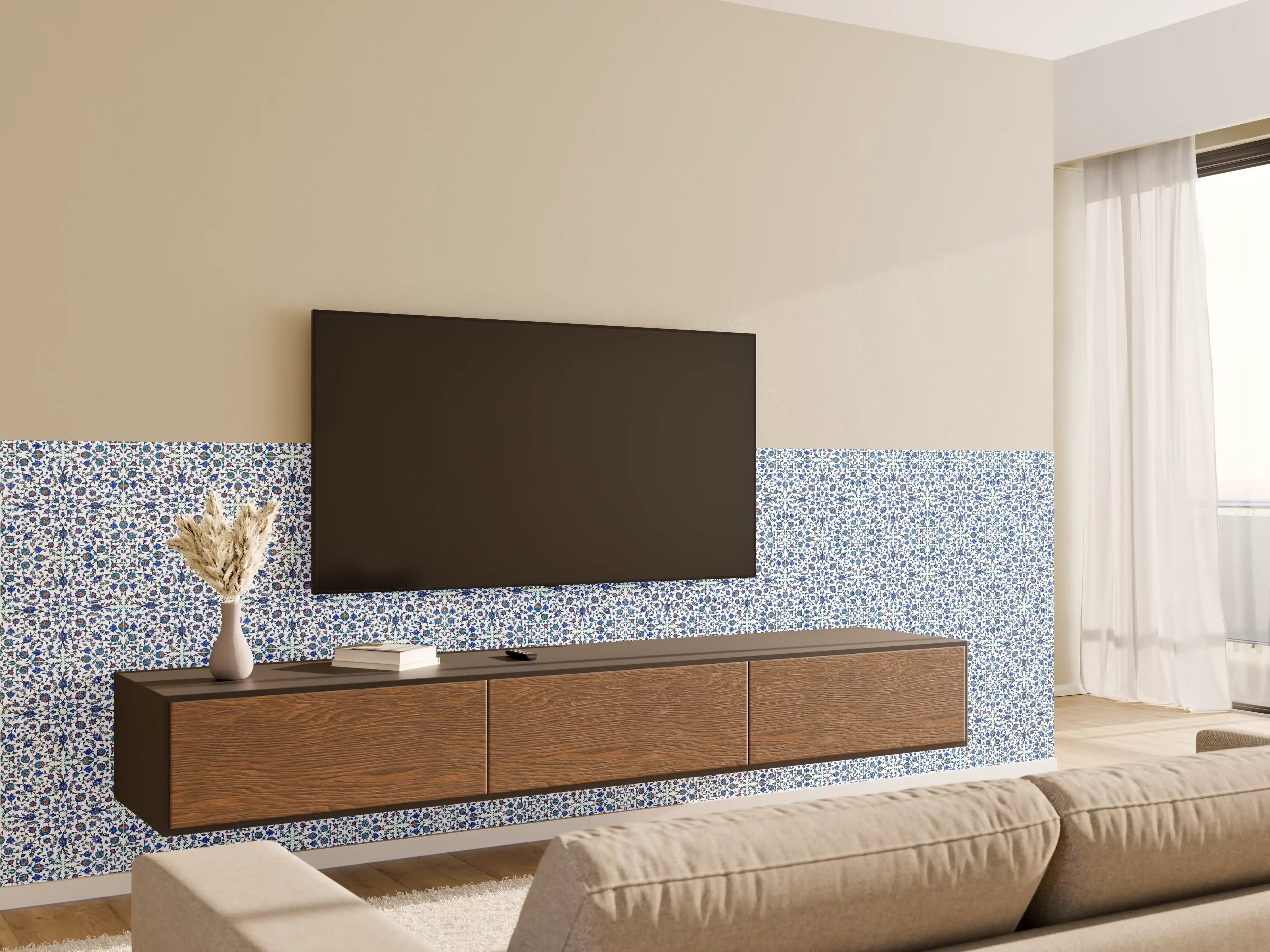 Wandverkleidung Wohnzimmer - Blaue und orangefarbene florale Musterfliese