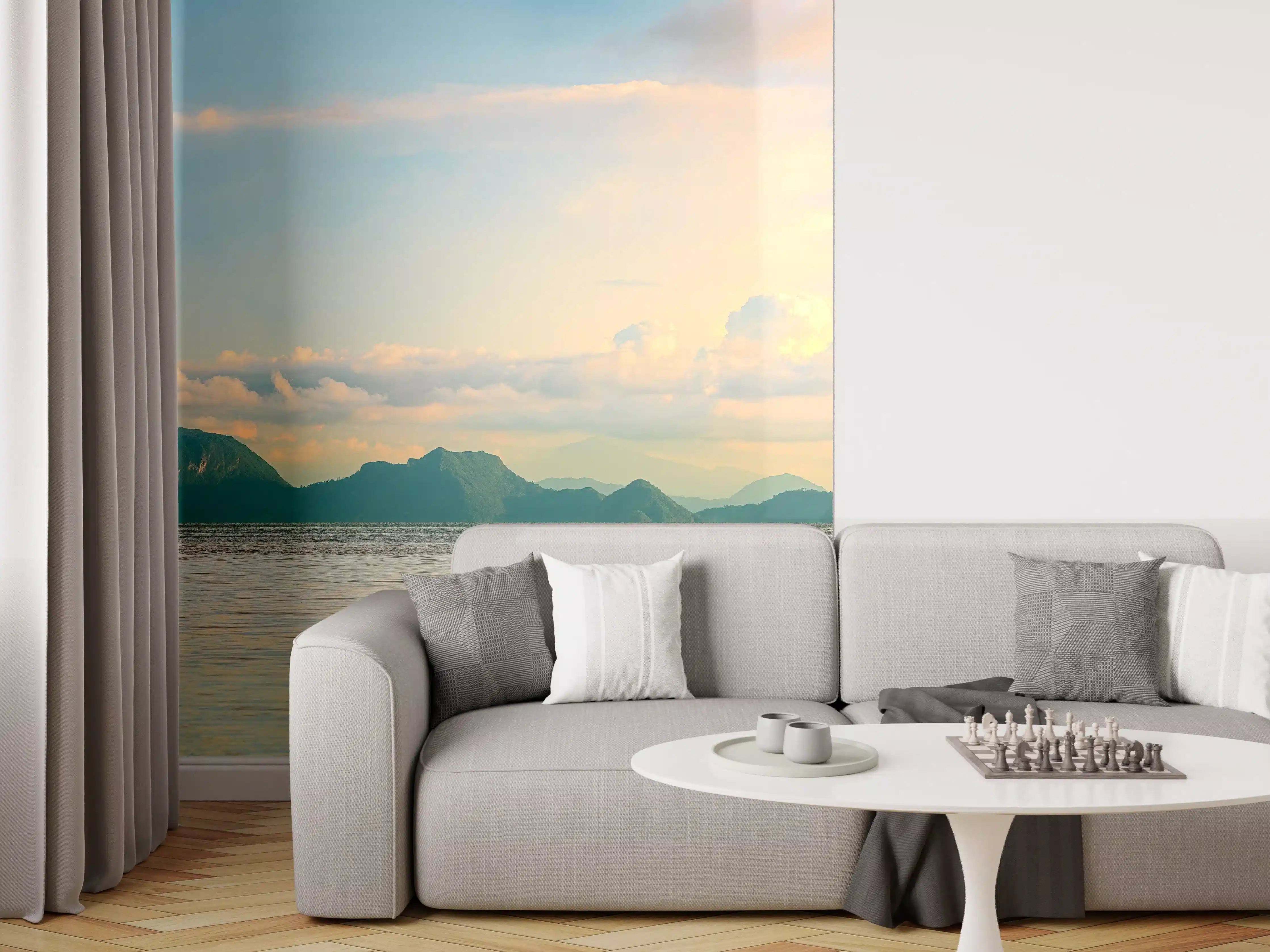 Wandverkleidung Wohnzimmer - Blauer Himmel mit sanften Wolken über Wasserlandschaft