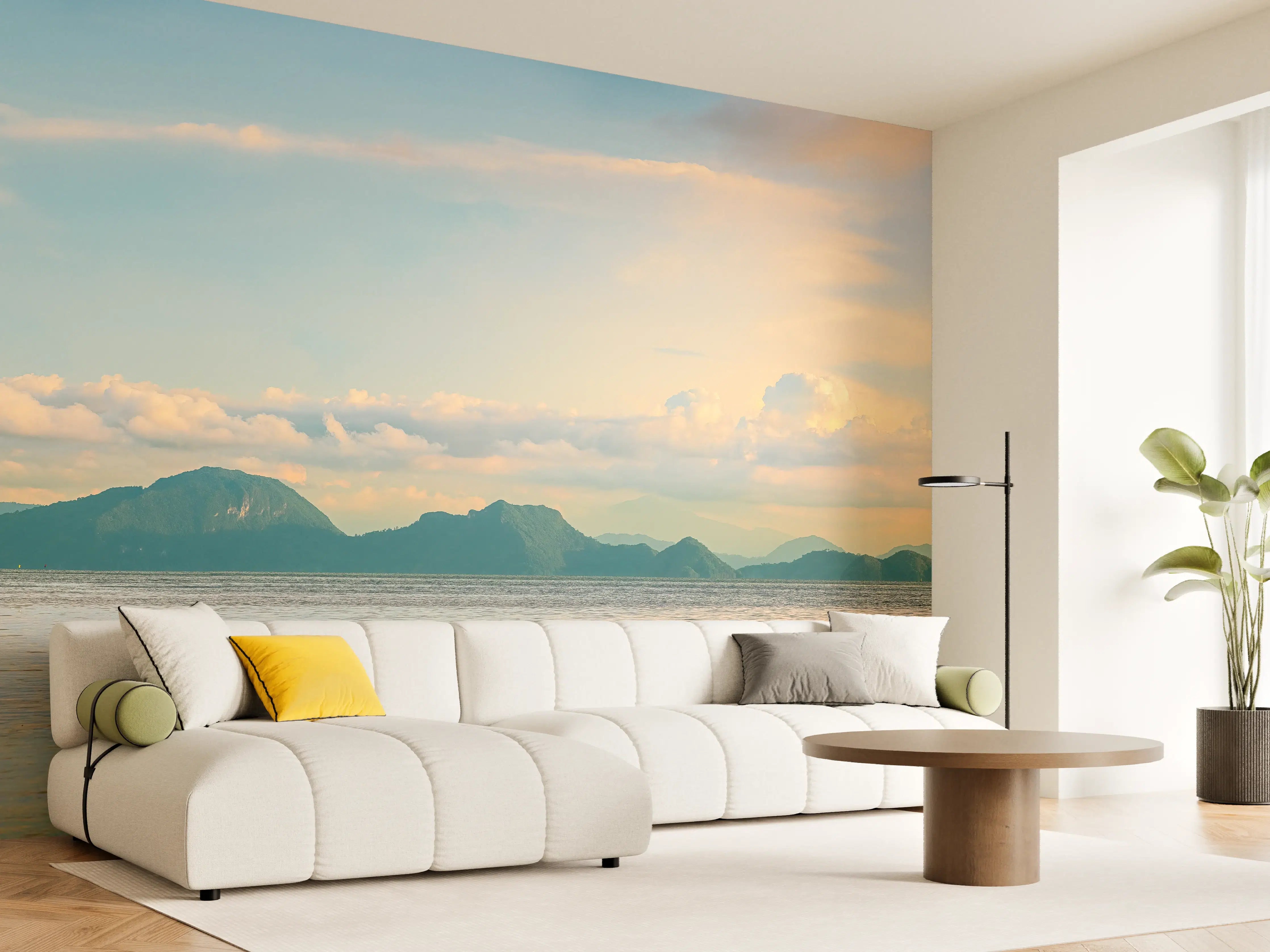 Wandverkleidung Wohnzimmer - Blauer Himmel mit sanften Wolken über Wasserlandschaft