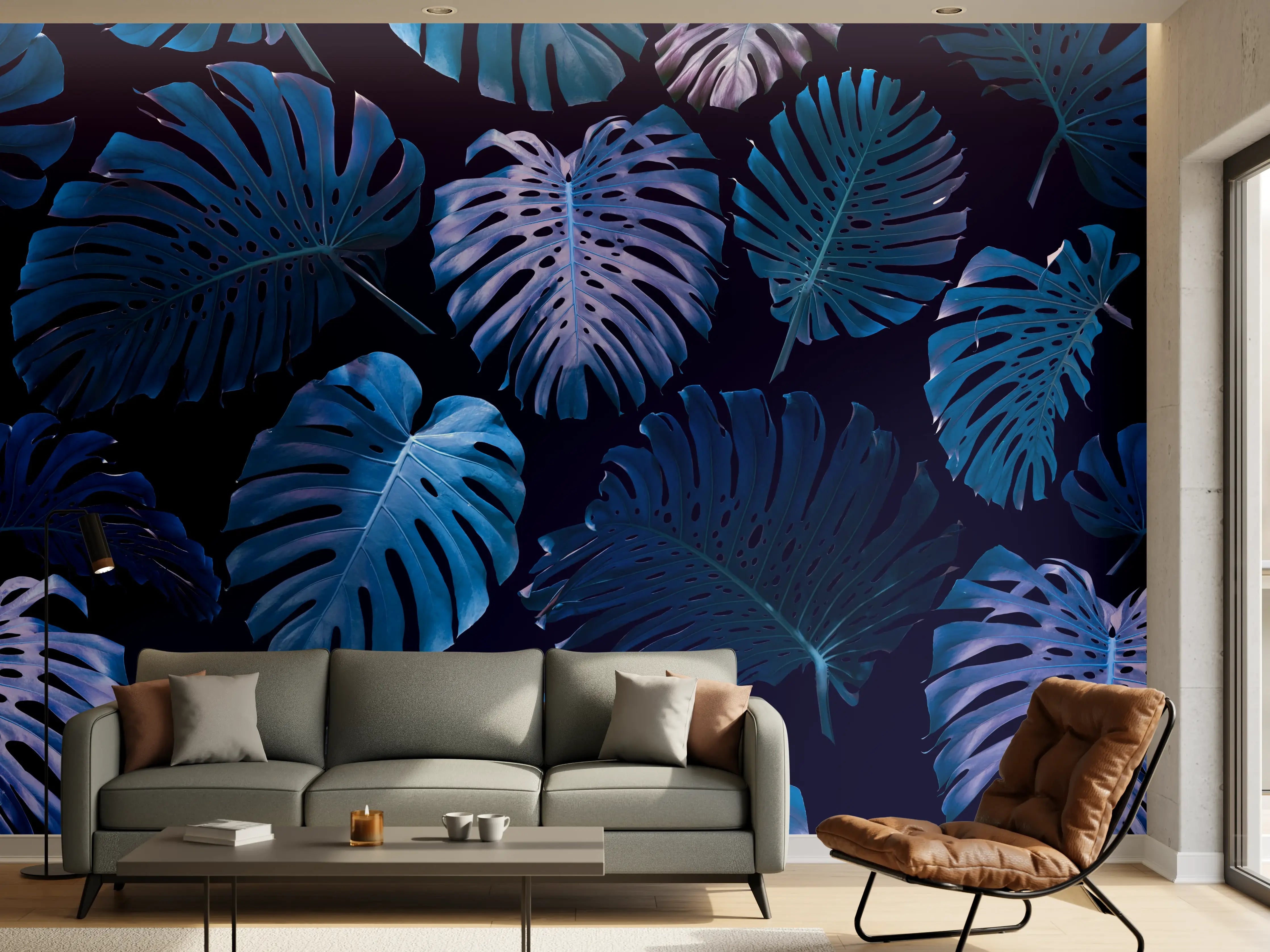 Wandverkleidung Wohnzimmer - Blauer Monstera-Blätter-Print