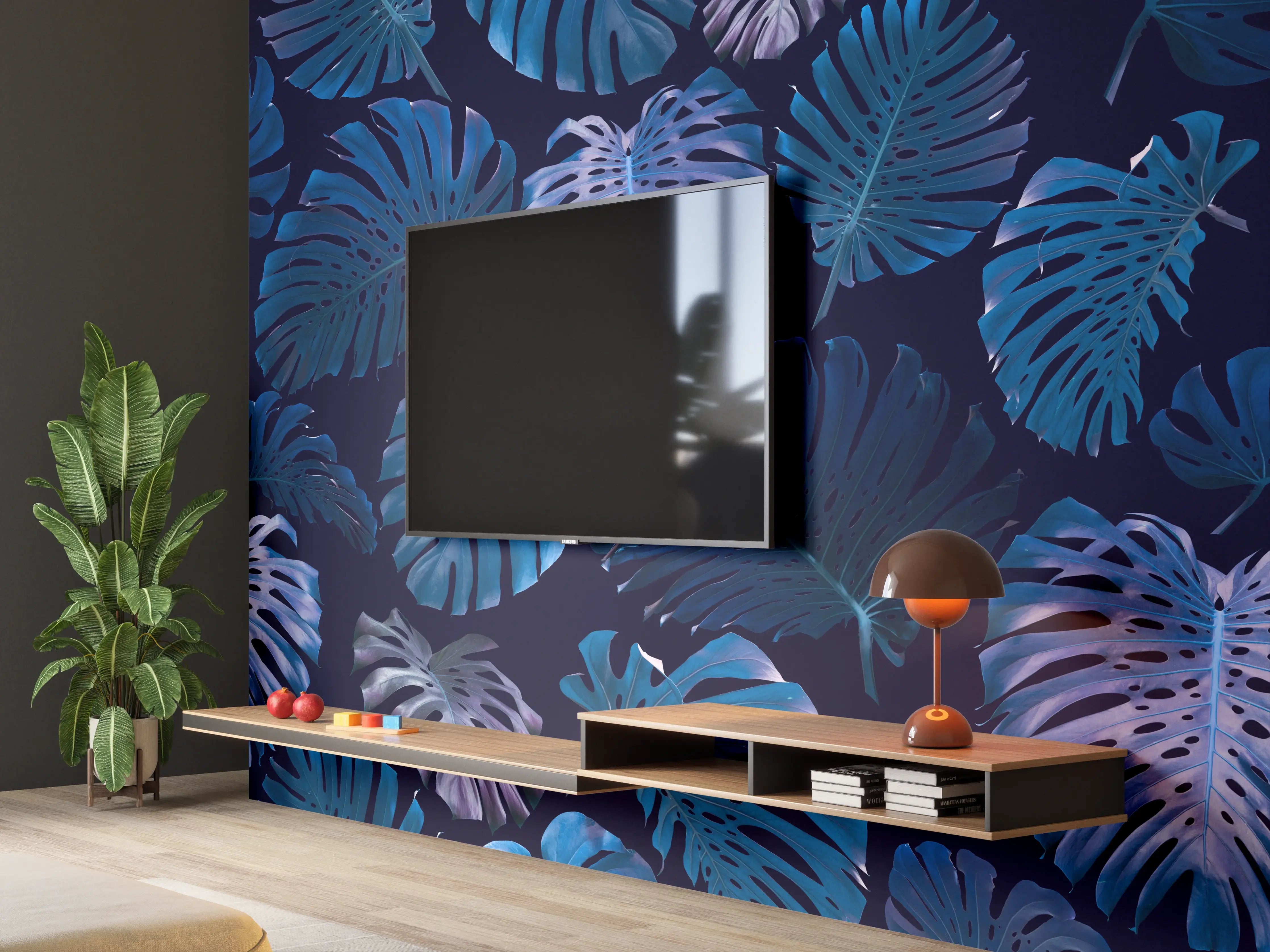 Wandverkleidung Wohnzimmer - Blauer Monstera-Blätter-Print