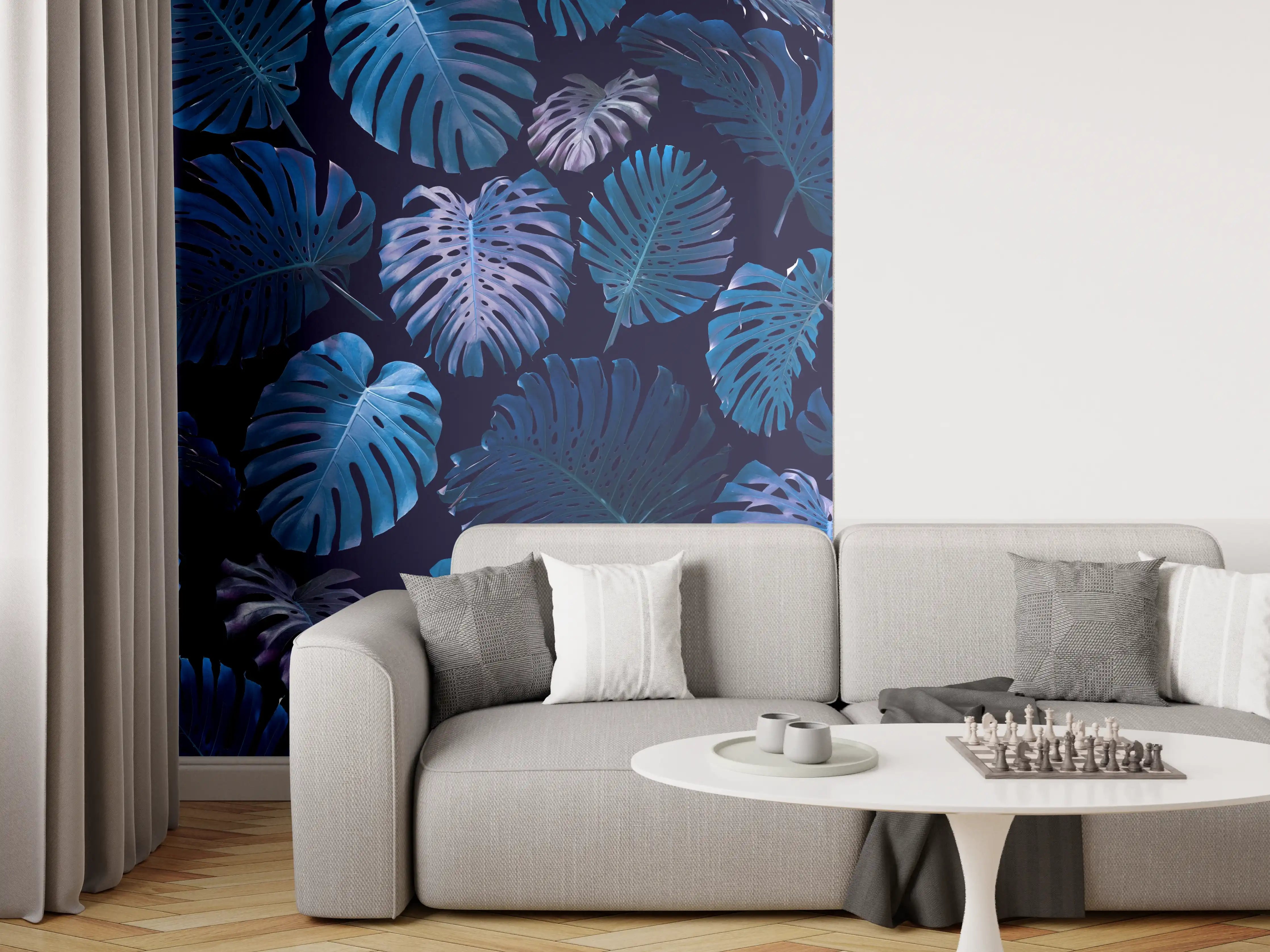 Wandverkleidung Wohnzimmer - Blauer Monstera-Blätter-Print