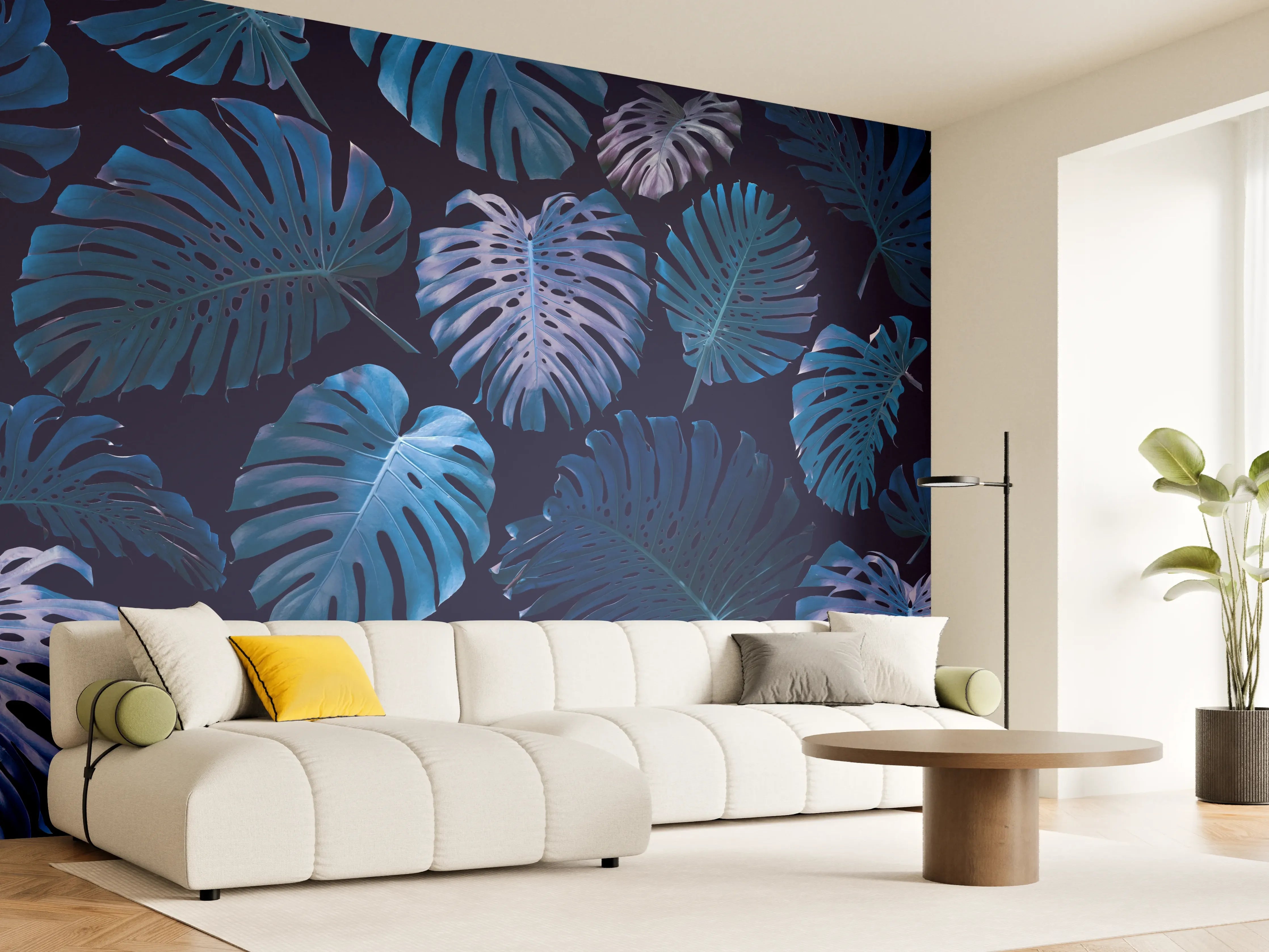 Wandverkleidung Wohnzimmer - Blauer Monstera-Blätter-Print