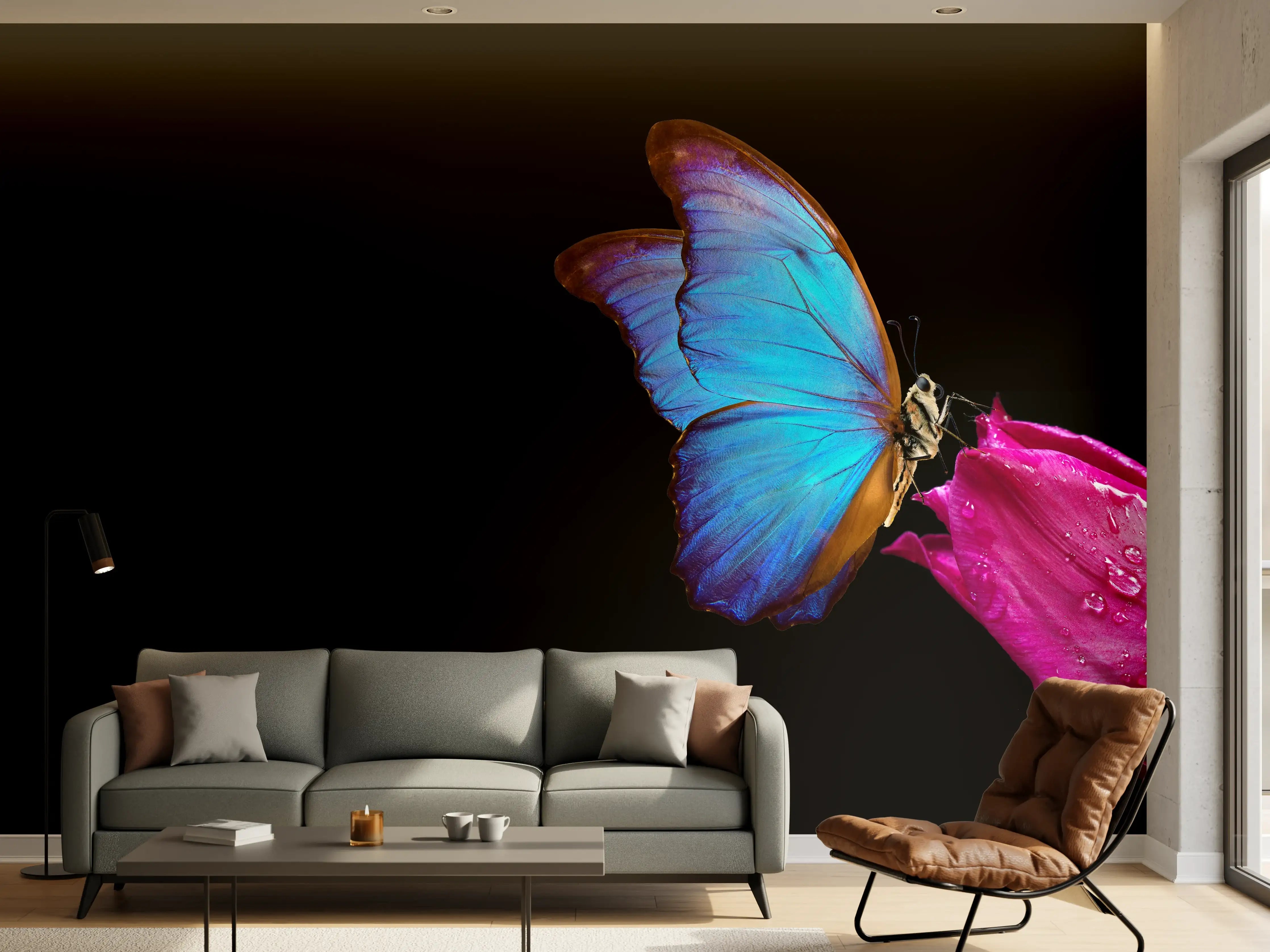 Wandverkleidung Wohnzimmer - Blauer Morphofalter - schwarzer Hintergrund