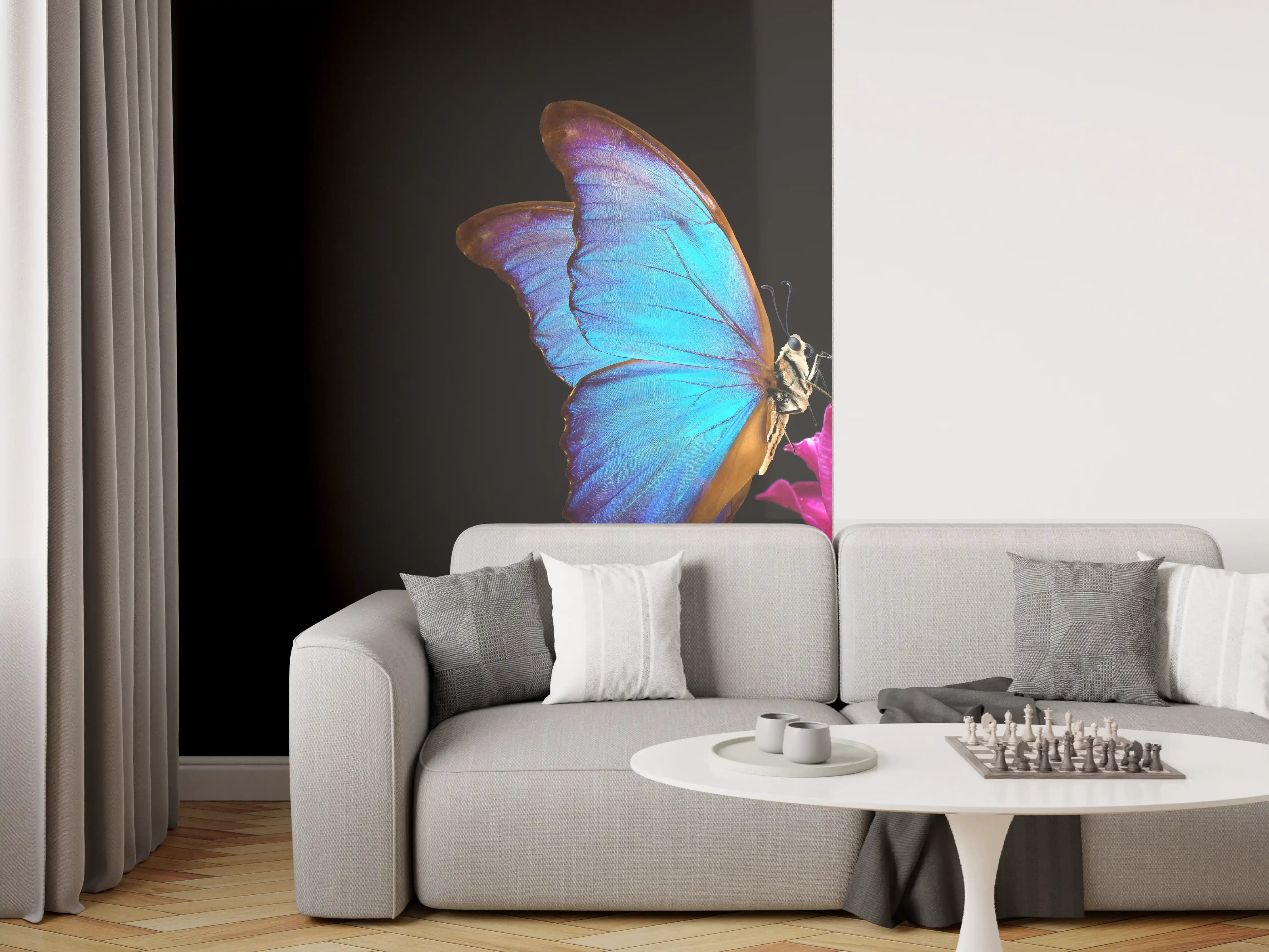 Wandverkleidung Wohnzimmer - Blauer Morphofalter - schwarzer Hintergrund