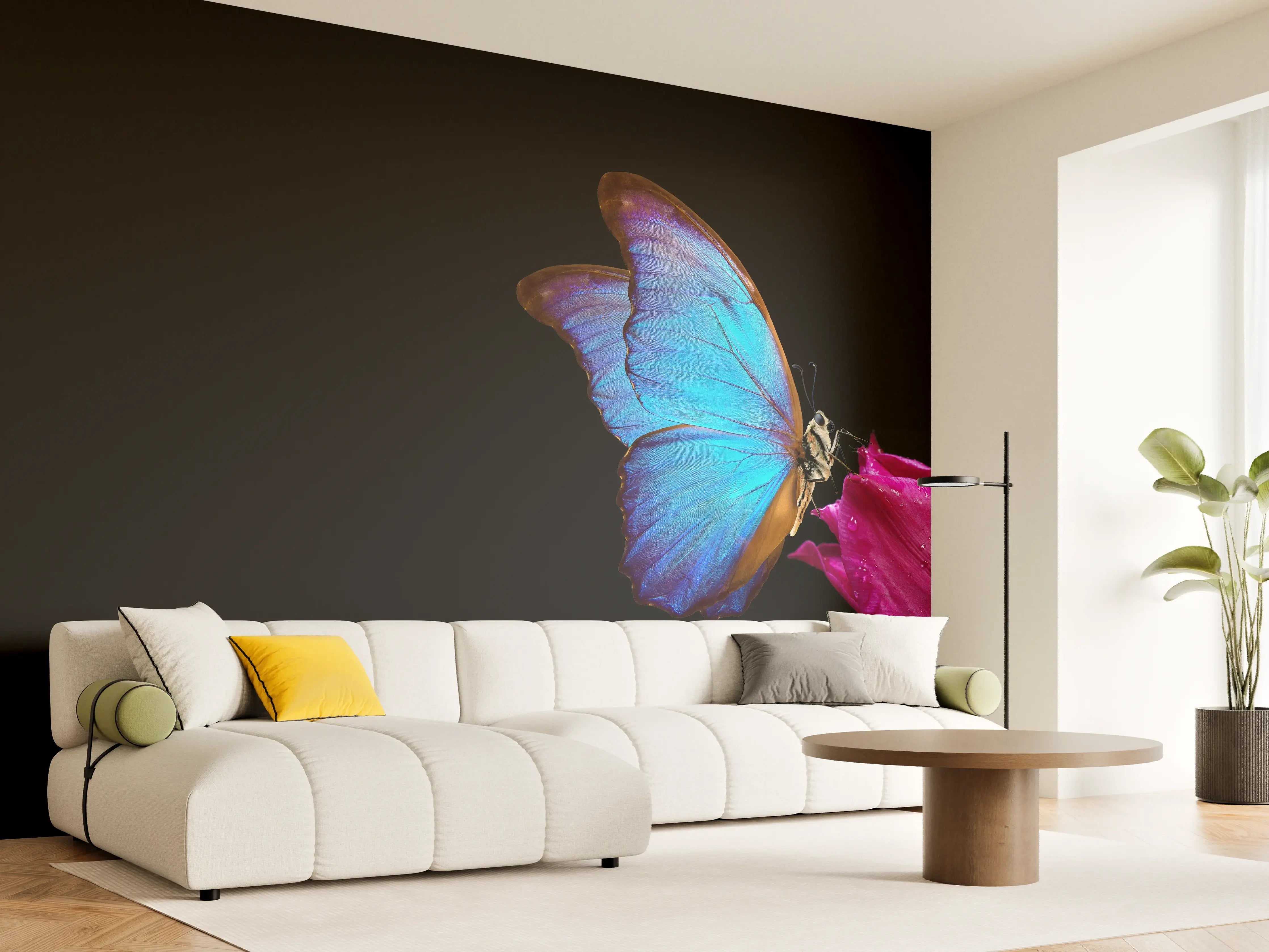 Wandverkleidung Wohnzimmer - Blauer Morphofalter - schwarzer Hintergrund