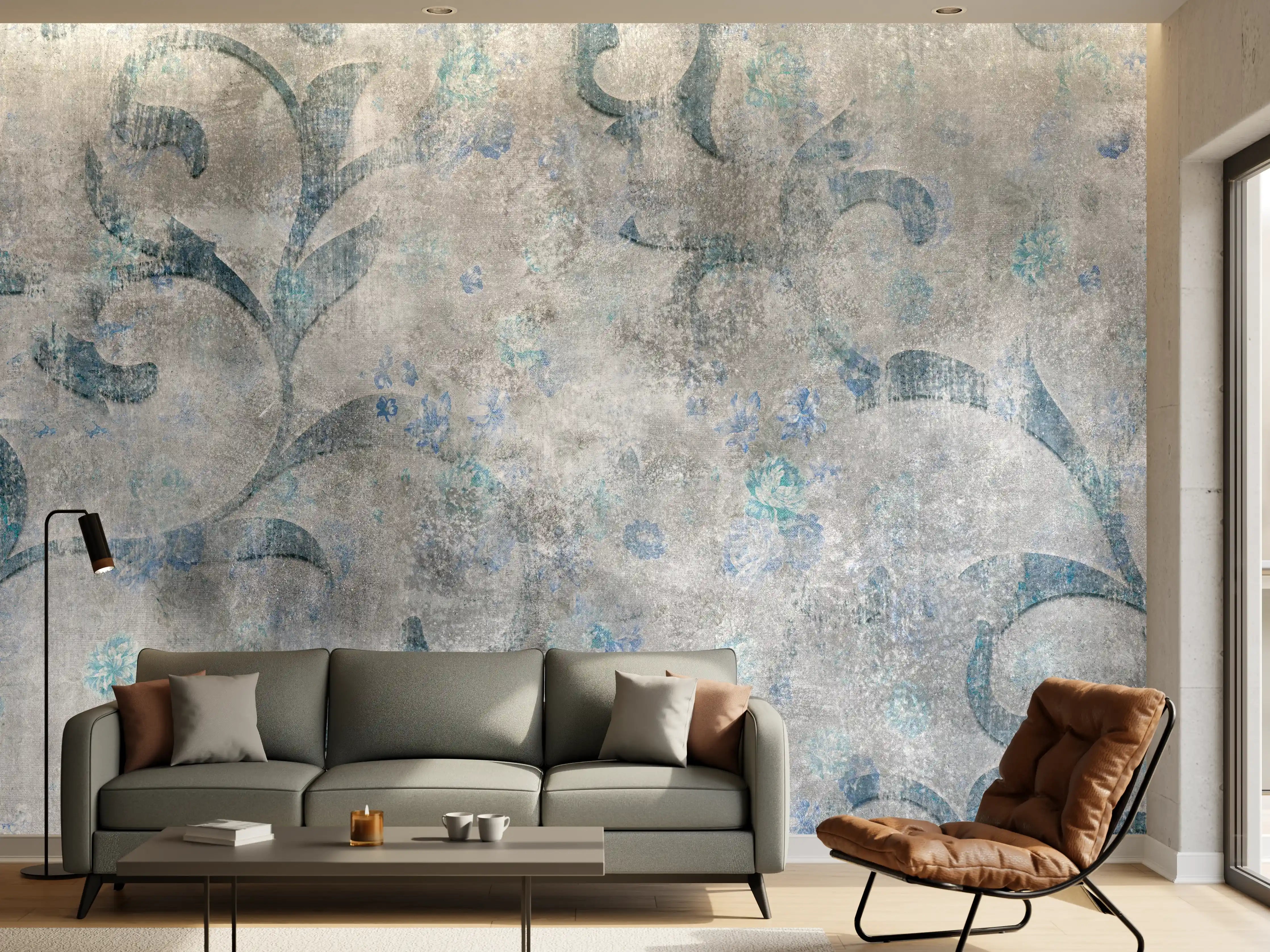Wandverkleidung Wohnzimmer - Blaues Blätter Muster - Zement